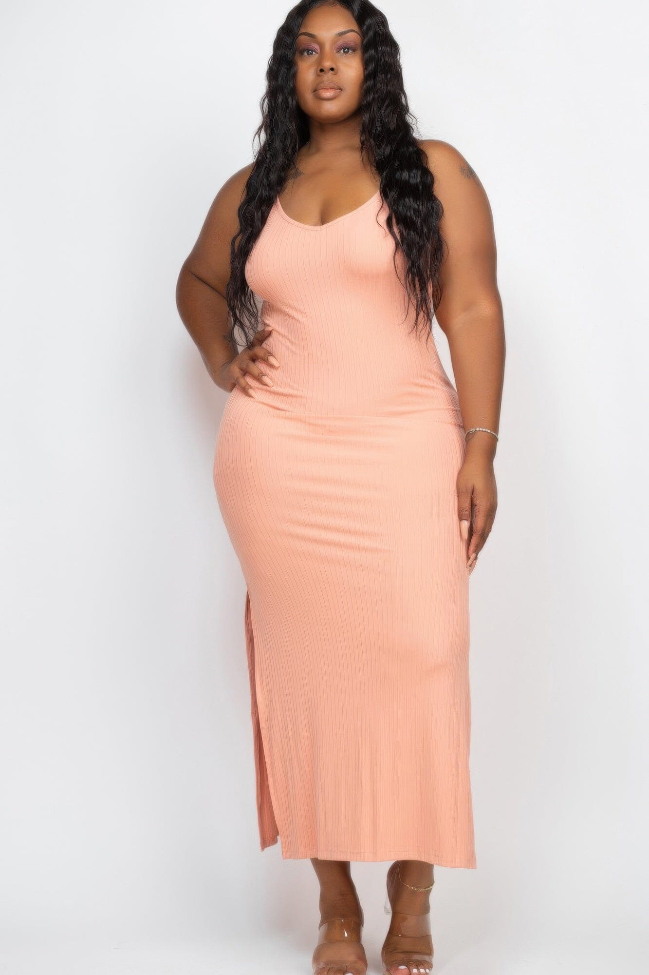 Plus Size Ribbed Side Slit Long Cami Maxi Dress Dresses jehouze Sun baked 1XL