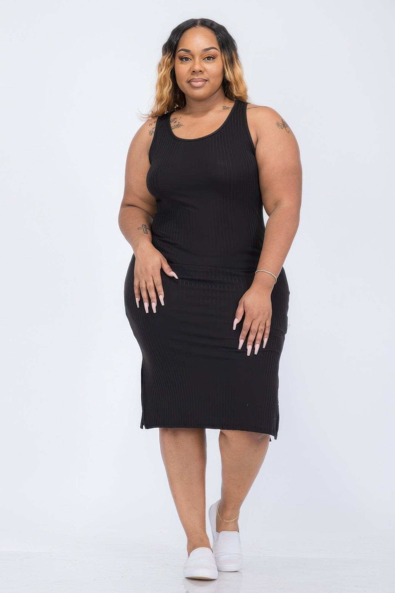 Plus Size Ribbed Side Slit Tank Midi Dress Dresses jehouze