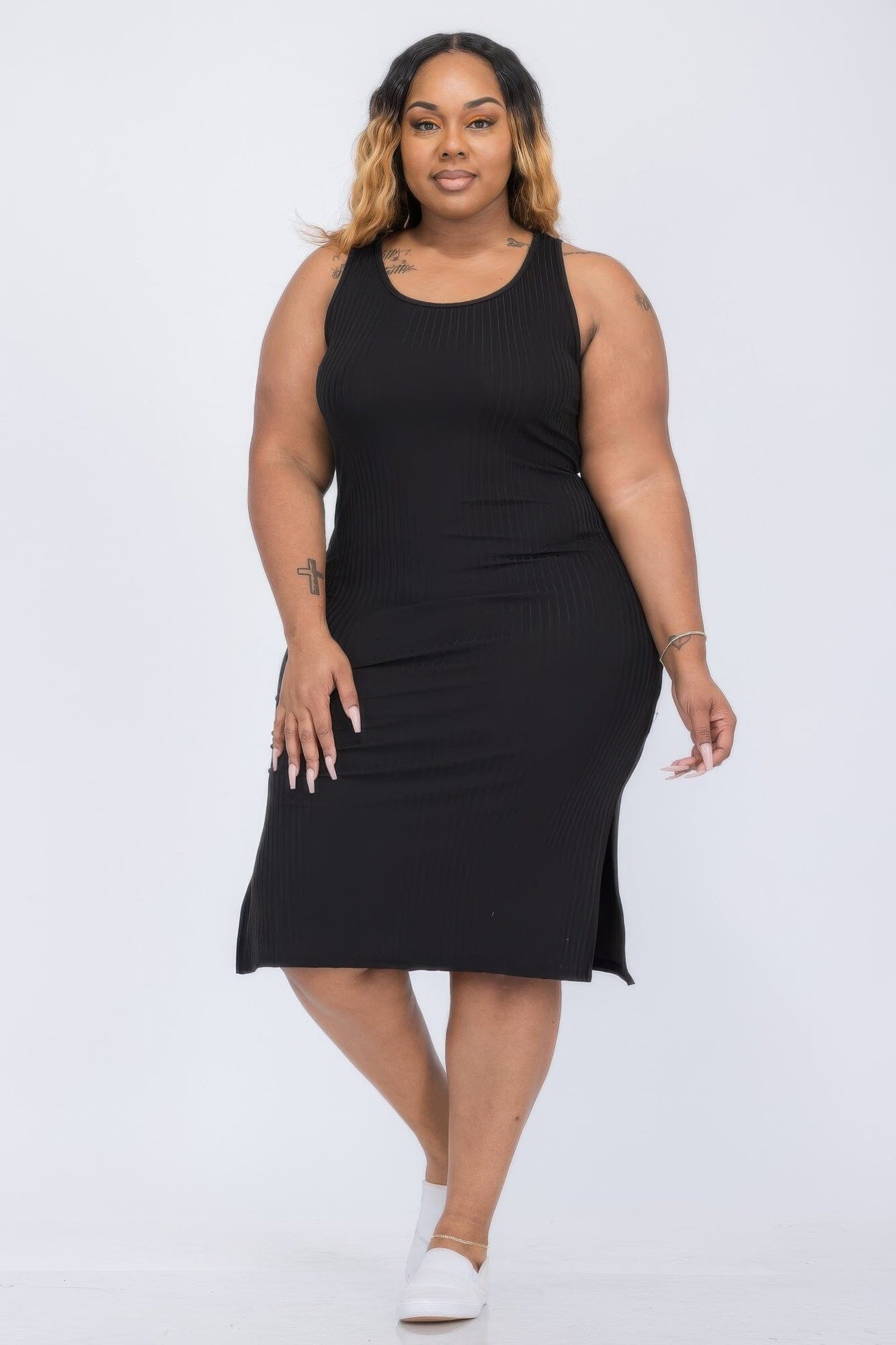 Plus Size Ribbed Side Slit Tank Midi Dress Dresses jehouze