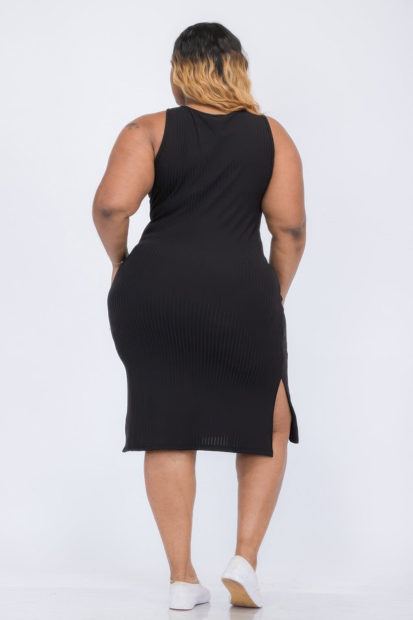 Plus Size Ribbed Side Slit Tank Midi Dress Dresses jehouze Black 1XL
