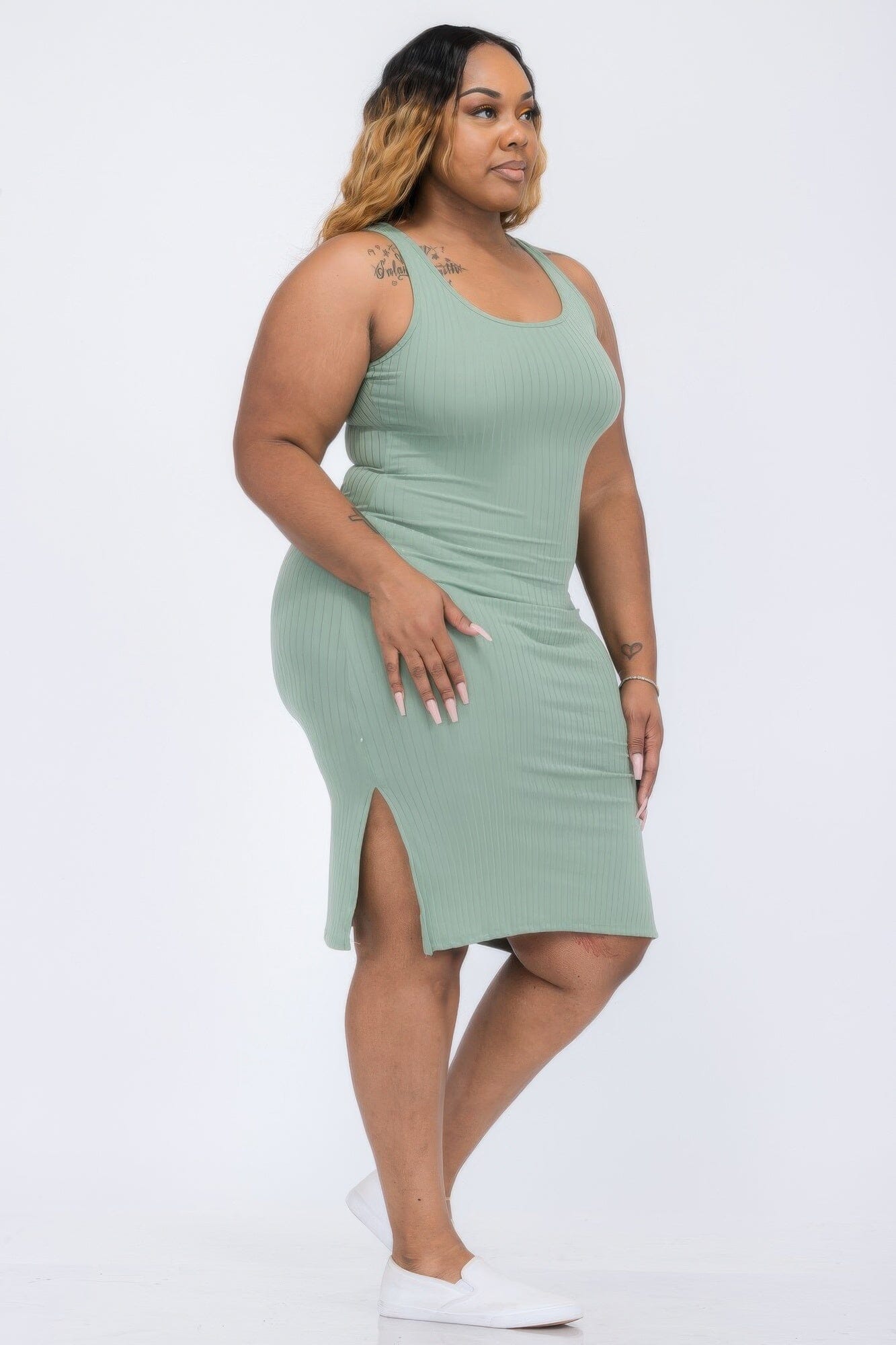 Plus Size Ribbed Side Slit Tank Midi Dress Dresses jehouze Green bay 1XL