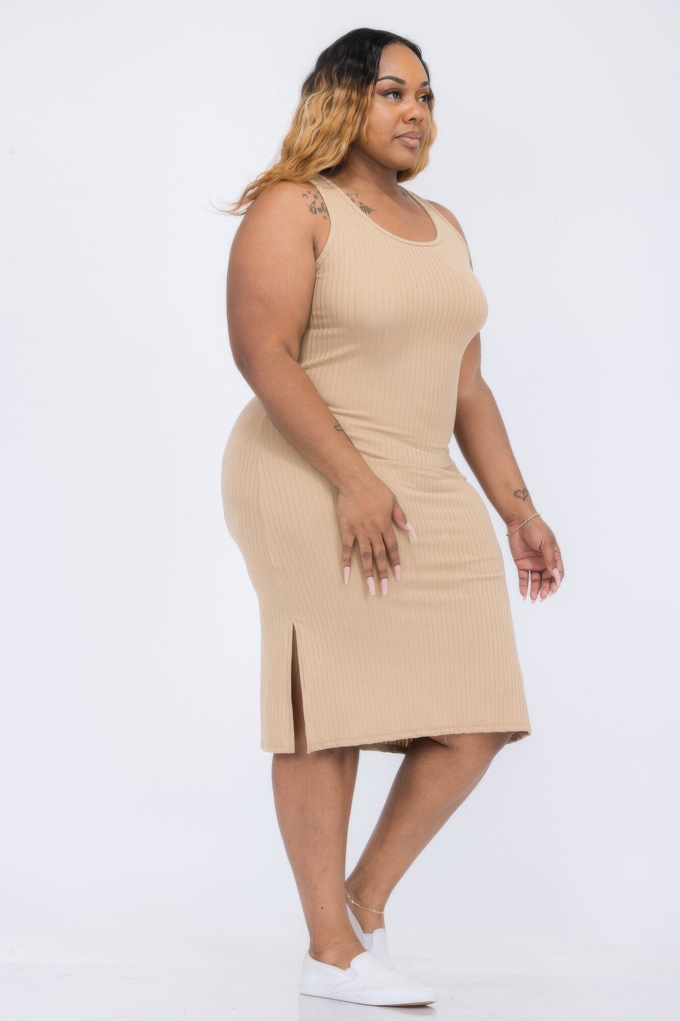 Plus Size Ribbed Side Slit Tank Midi Dress Dresses jehouze Khaki 1XL