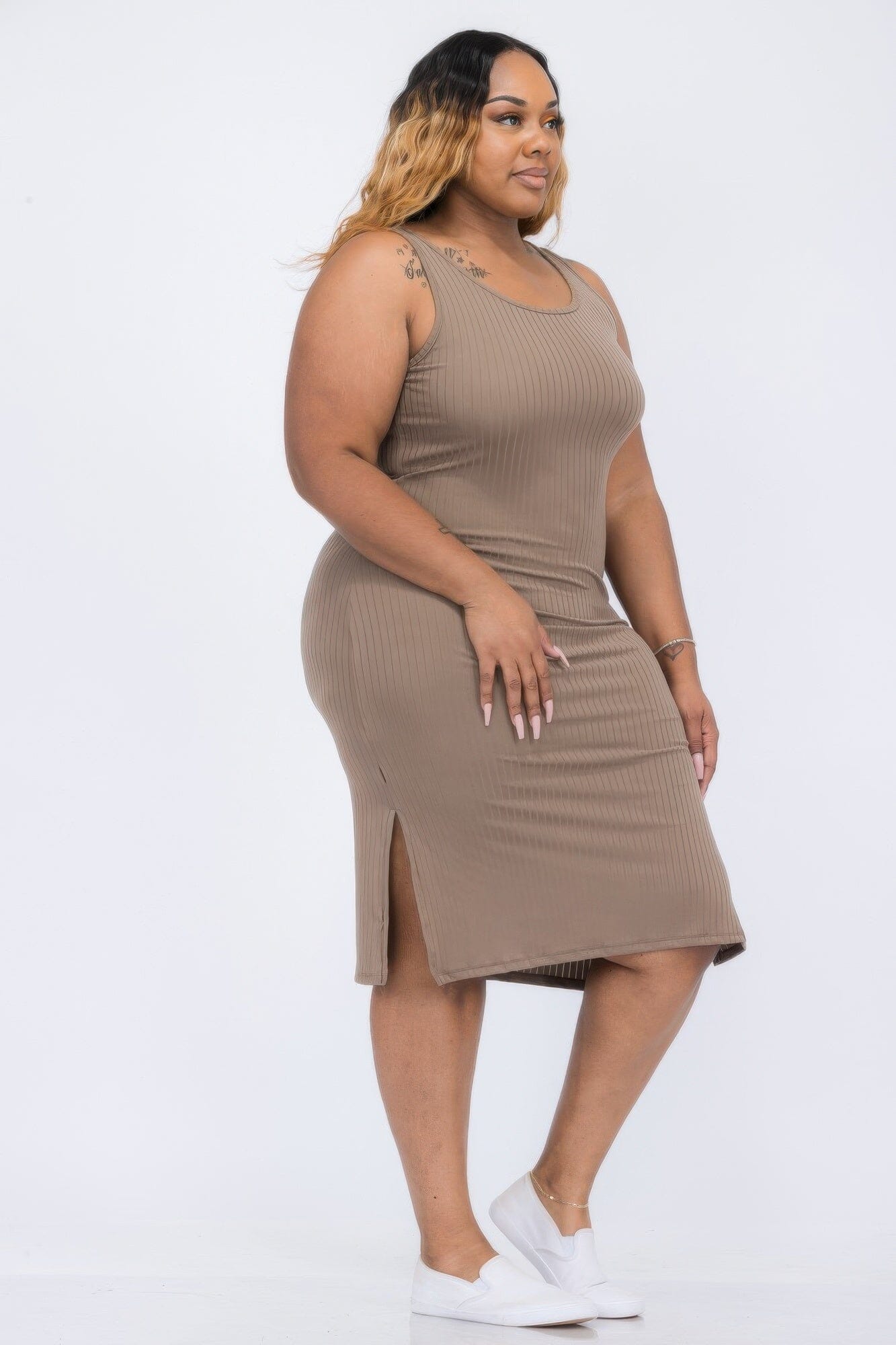 Plus Size Ribbed Side Slit Tank Midi Dress Dresses jehouze Taupe 1XL