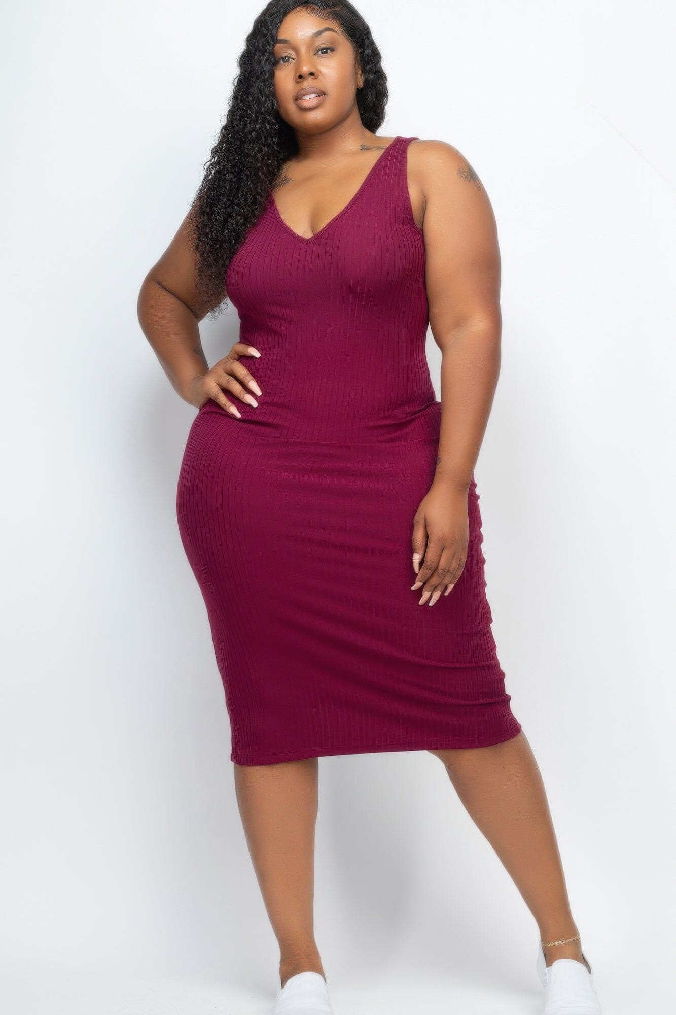 Plus Size Ribbed Sleeveless Bodycon Midi Dress Dresses jehouze Burgundy 1XL