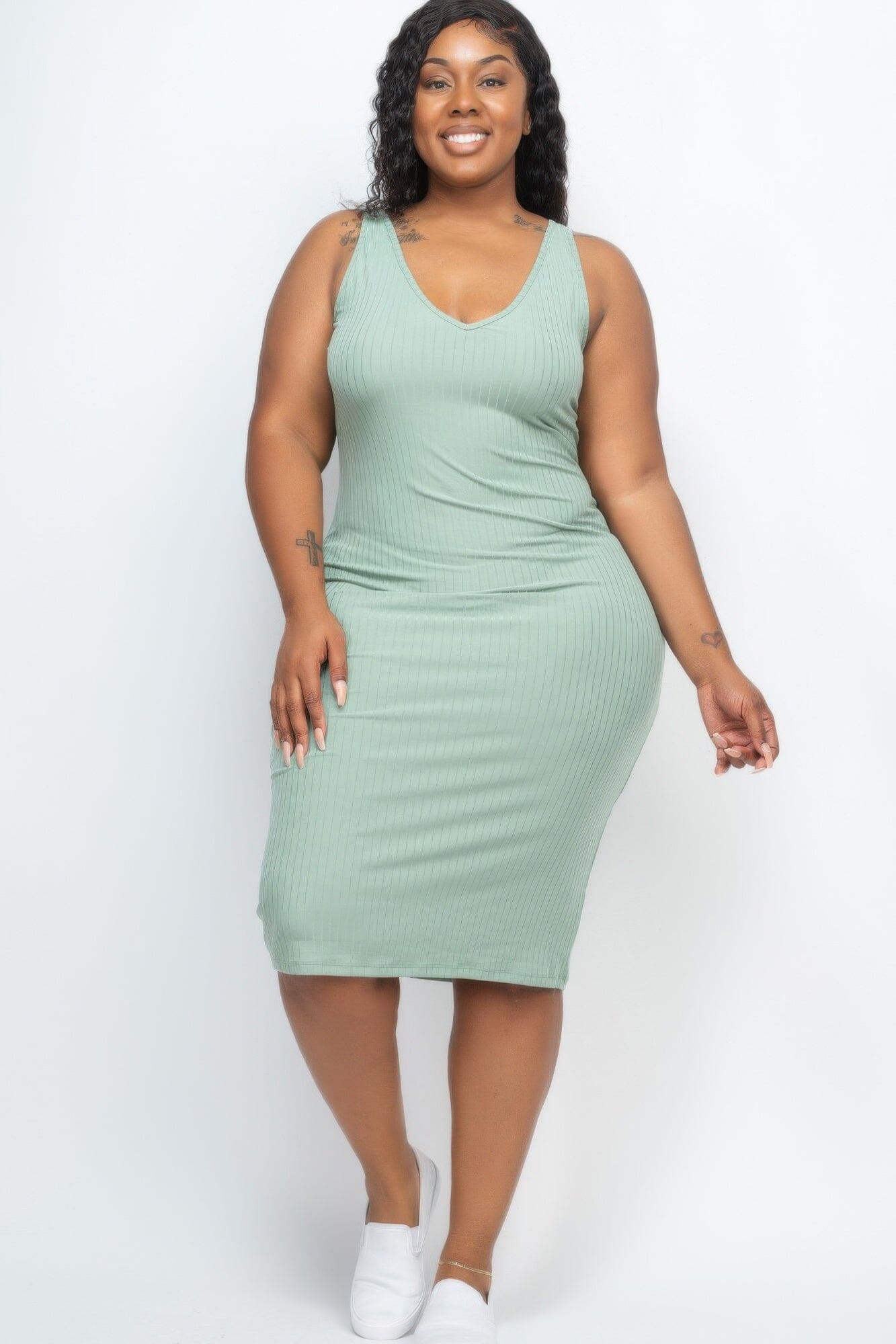 Plus Size Ribbed Sleeveless Bodycon Midi Dress Dresses jehouze Green bay 1XL