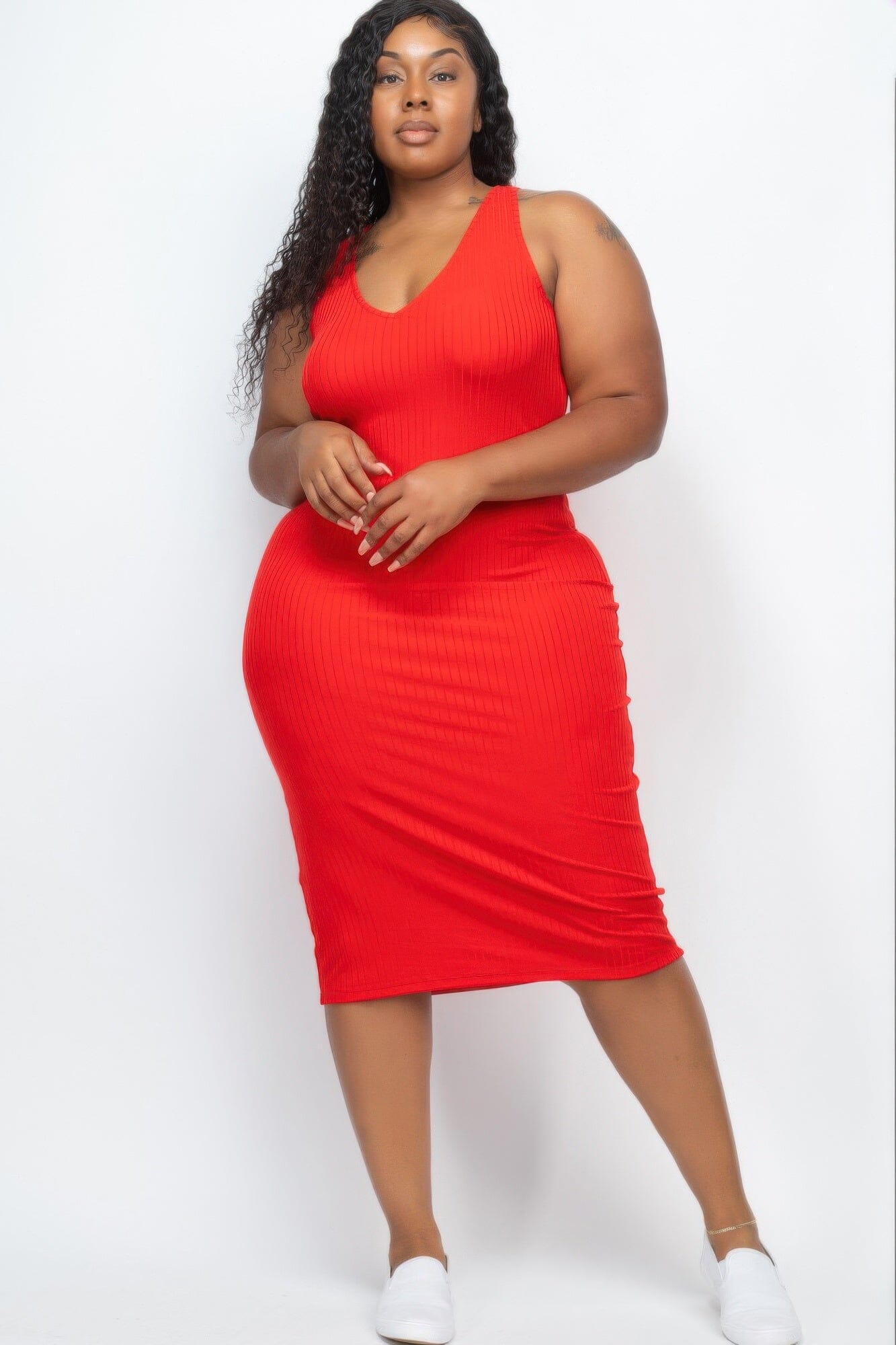 Plus Size Ribbed Sleeveless Bodycon Midi Dress Dresses jehouze Red 1XL