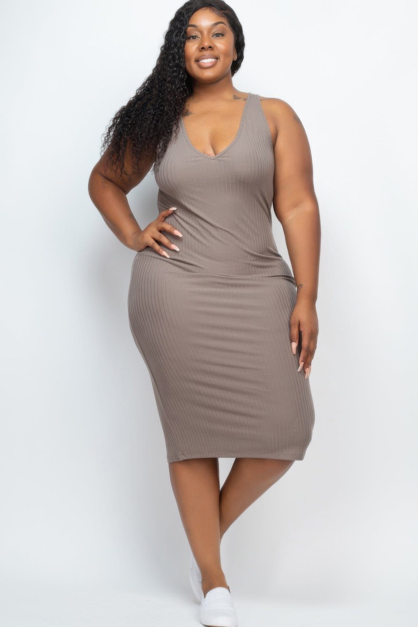 Plus Size Ribbed Sleeveless Bodycon Midi Dress Dresses jehouze Taupe 1XL