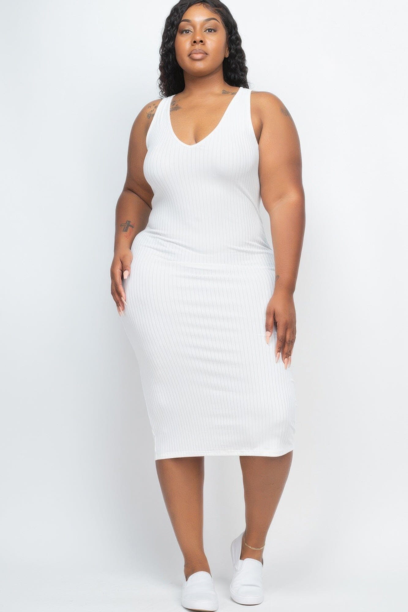 Plus Size Ribbed Sleeveless Bodycon Midi Dress Dresses jehouze White 1XL