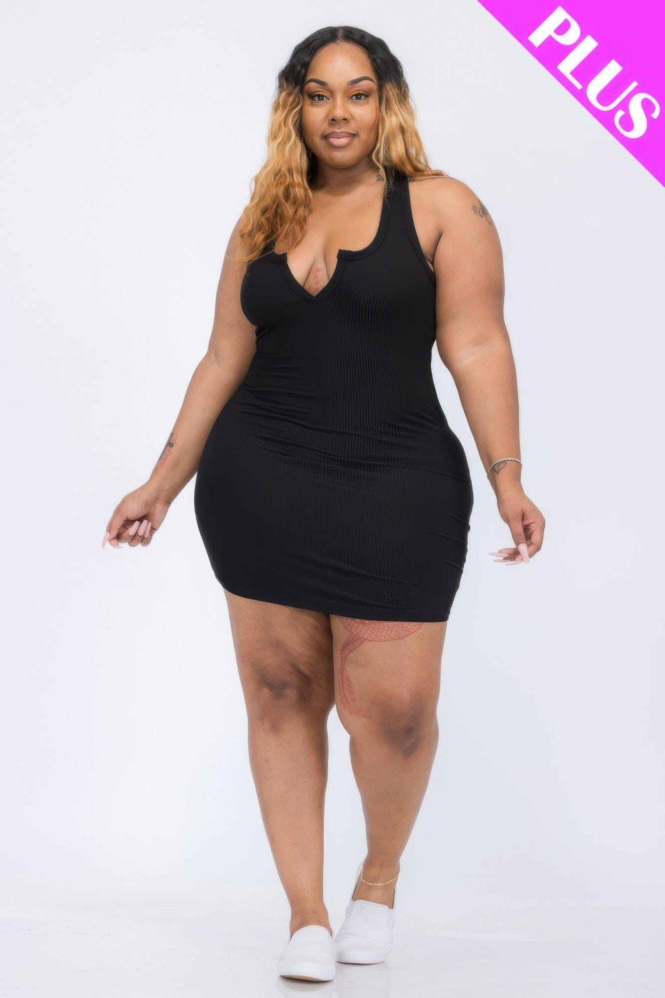Plus Size Ribbed Split Neck Tank Mini Dress Dresses jehouze