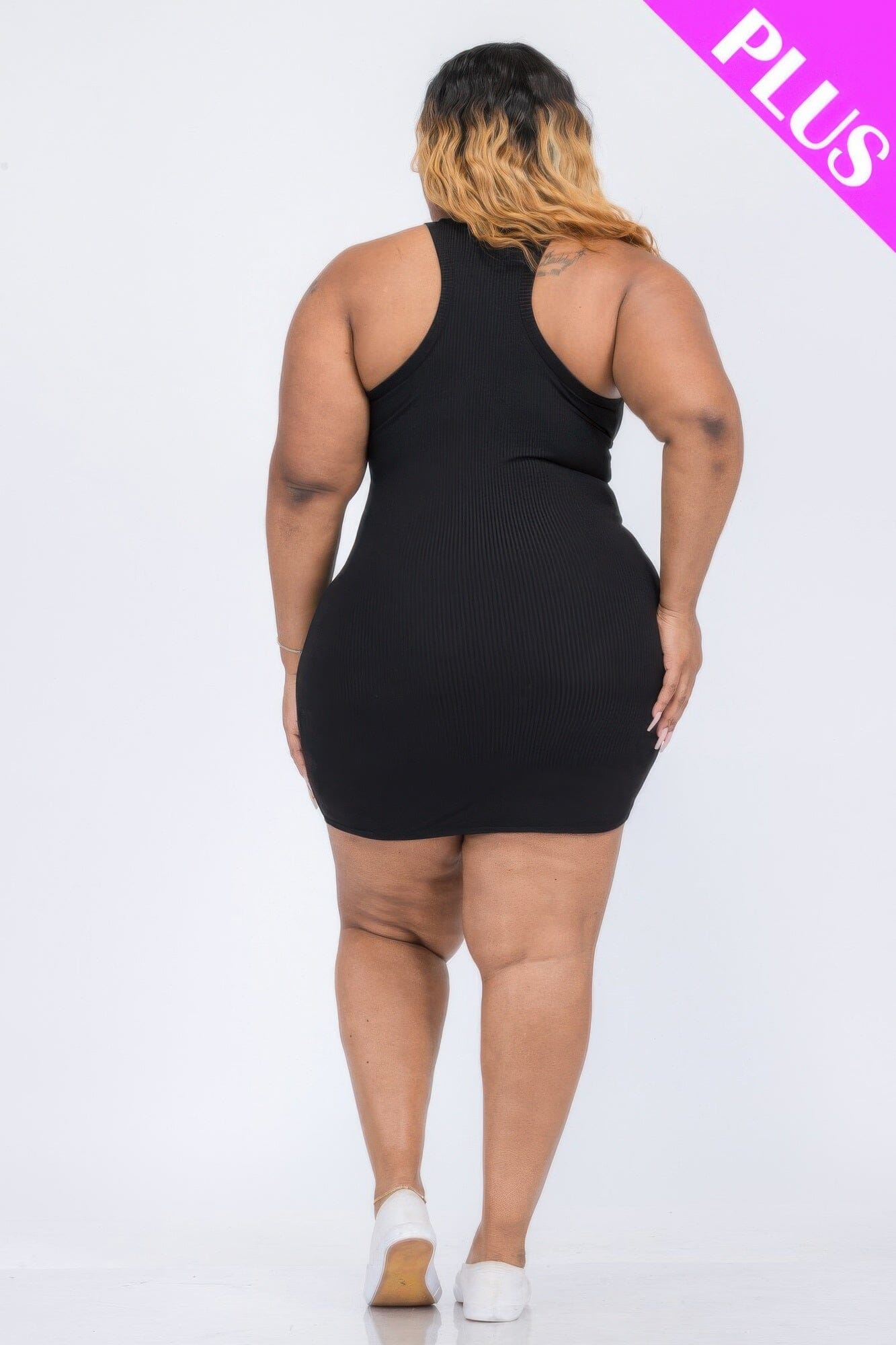 Plus Size Ribbed Split Neck Tank Mini Dress Dresses jehouze Black 1XL