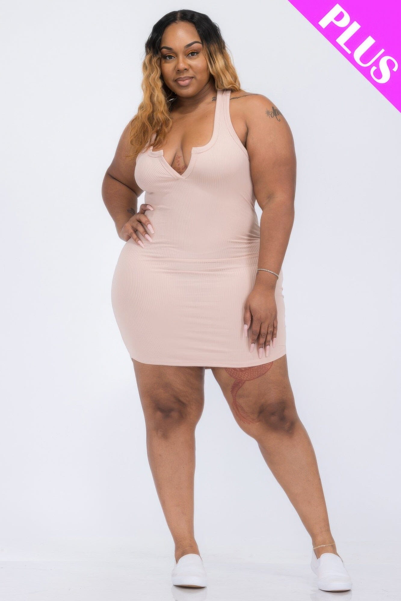 Plus Size Ribbed Split Neck Tank Mini Dress Dresses jehouze Blush 1XL