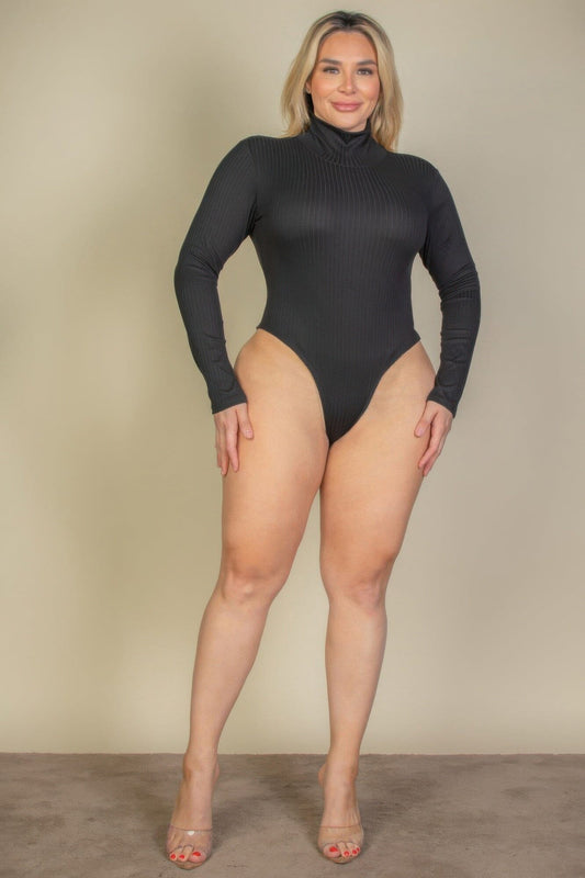 Plus Size Ribbed Turtle Neck Long Sleeve Bodysuit Shirts & Tops jehouze Black 1XL