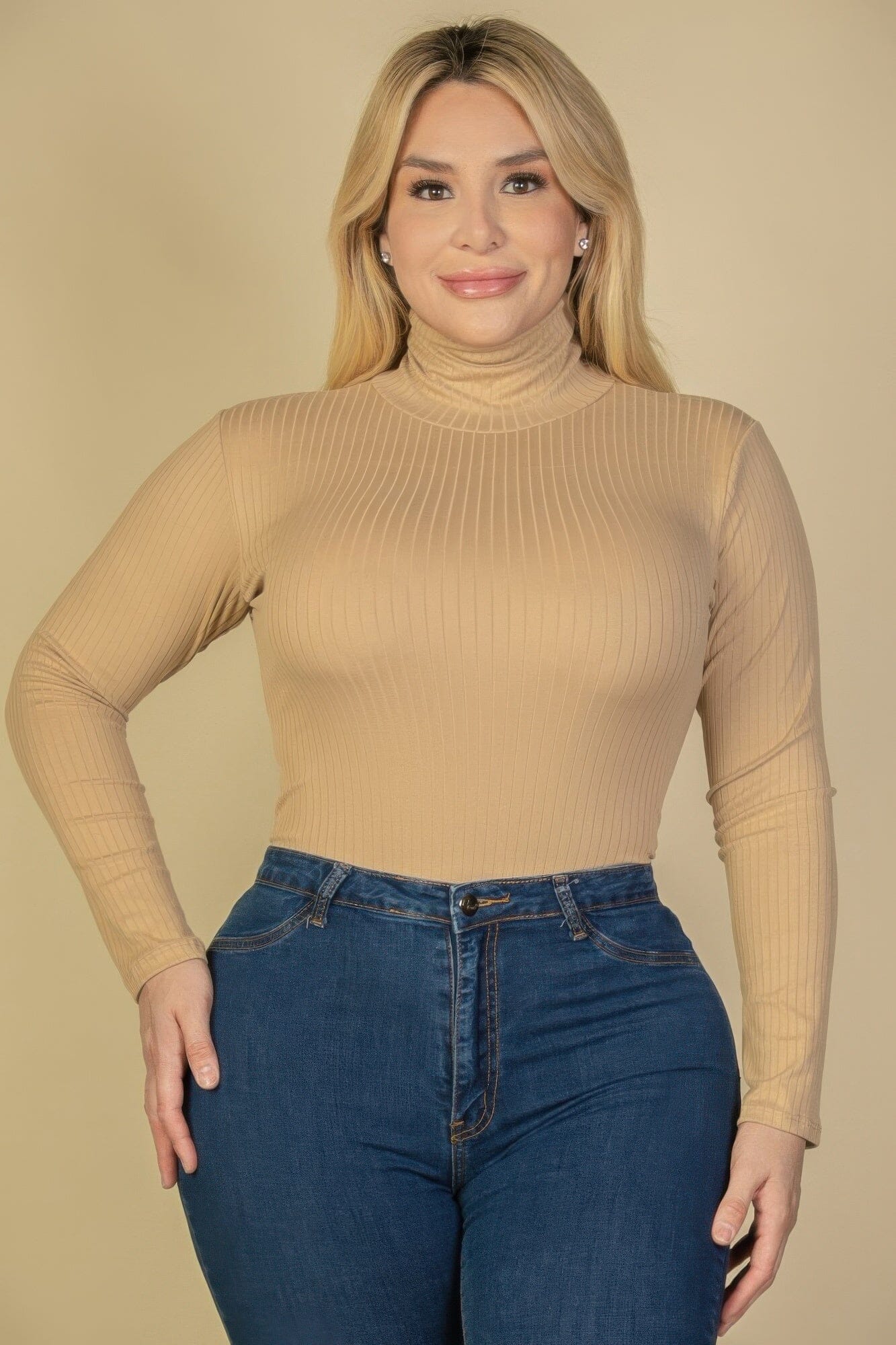 Plus Size Ribbed Turtle Neck Long Sleeve Bodysuit Shirts & Tops jehouze Khaki 1XL