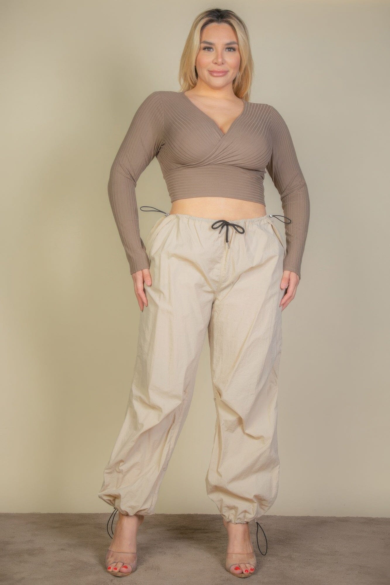 Plus Size Ribbed Wrap Front Long Sleeve Top Shirts & Tops jehouze
