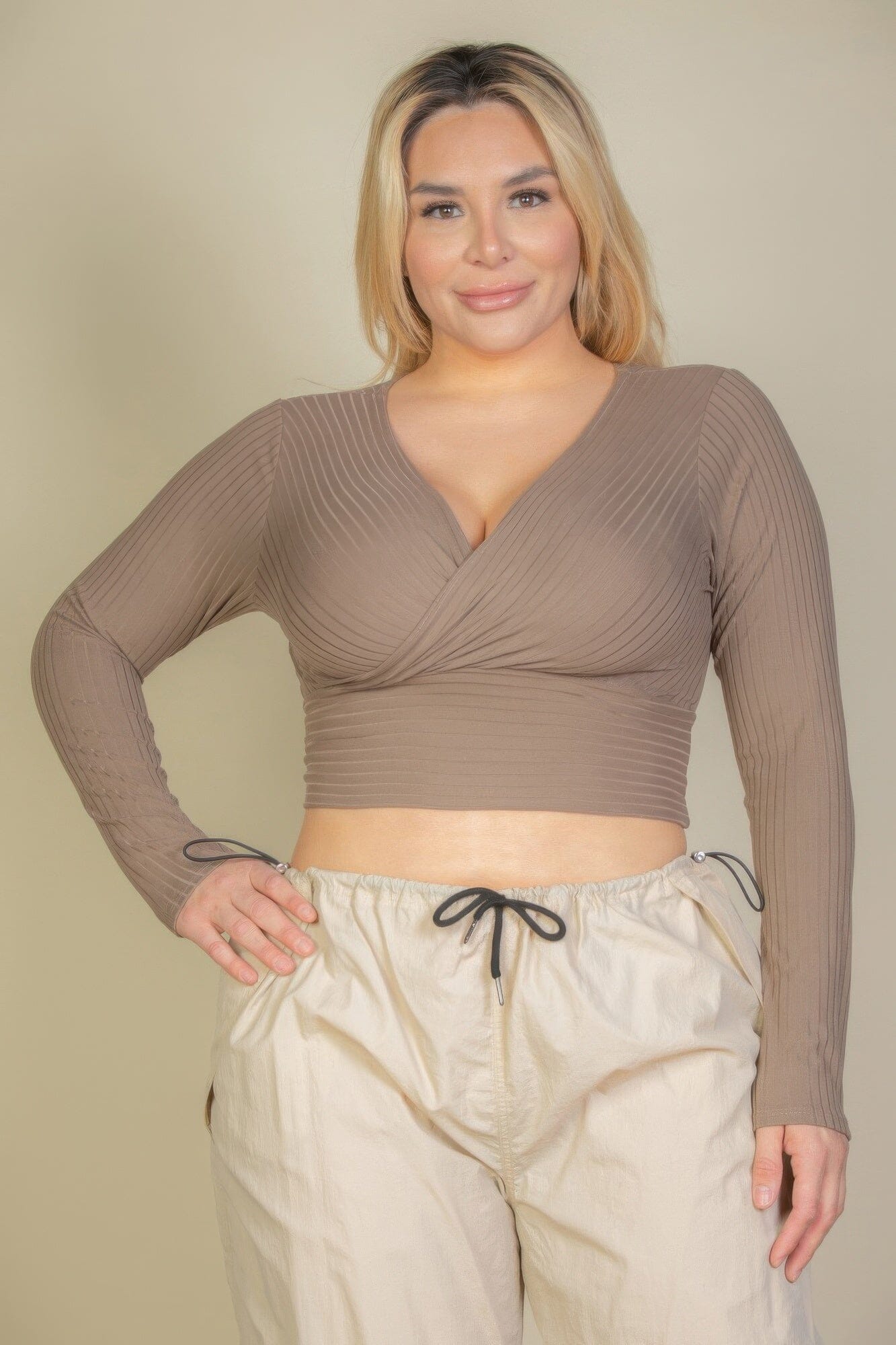 Plus Size Ribbed Wrap Front Long Sleeve Top Shirts & Tops jehouze