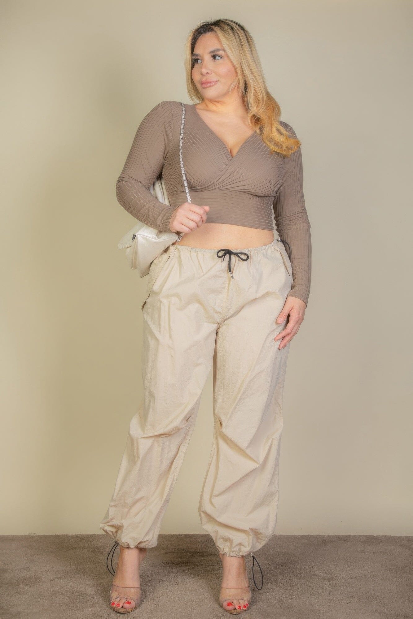 Plus Size Ribbed Wrap Front Long Sleeve Top Shirts & Tops jehouze