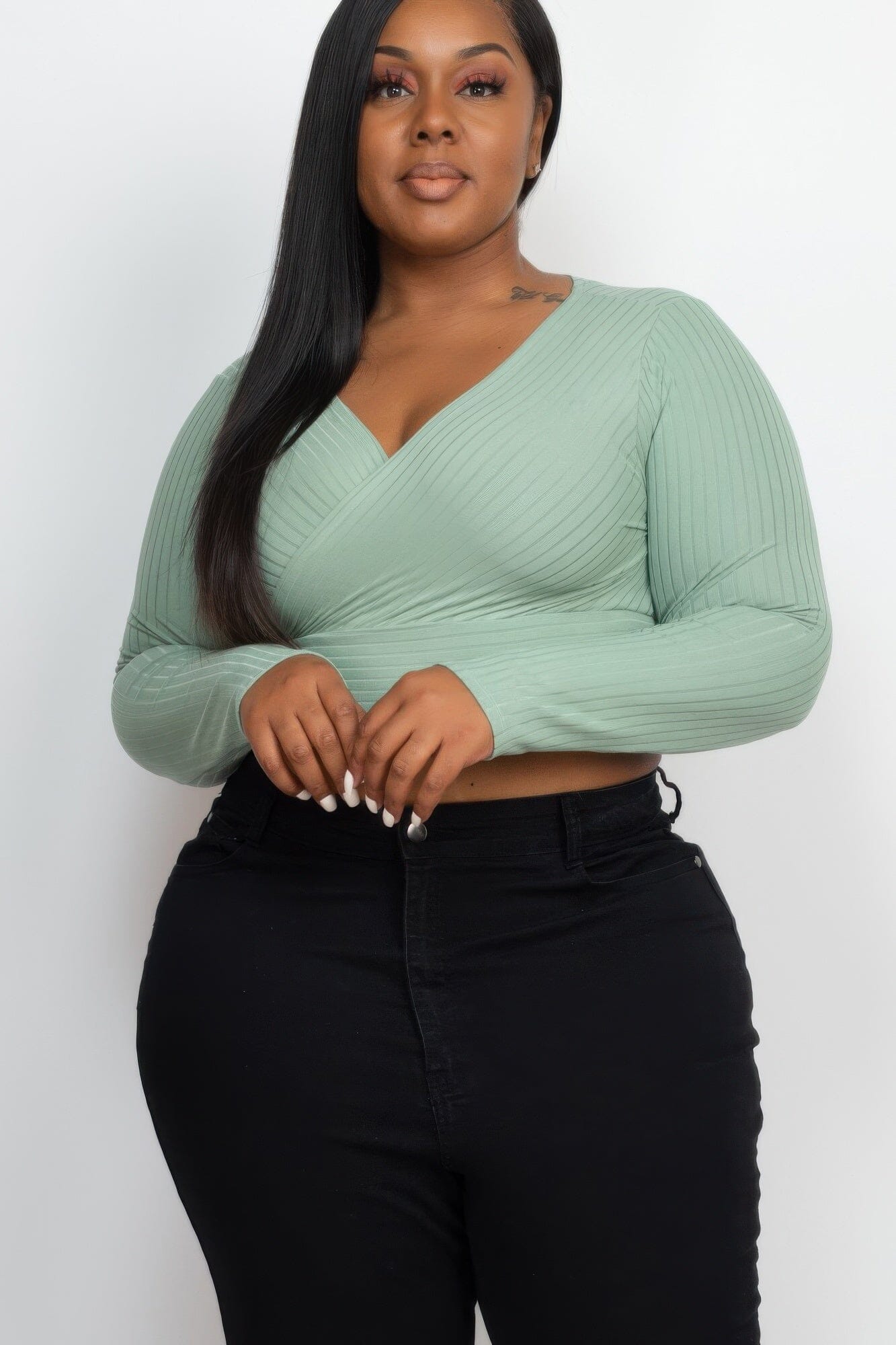 Plus Size Ribbed Wrap Front Long Sleeve Top Shirts & Tops jehouze