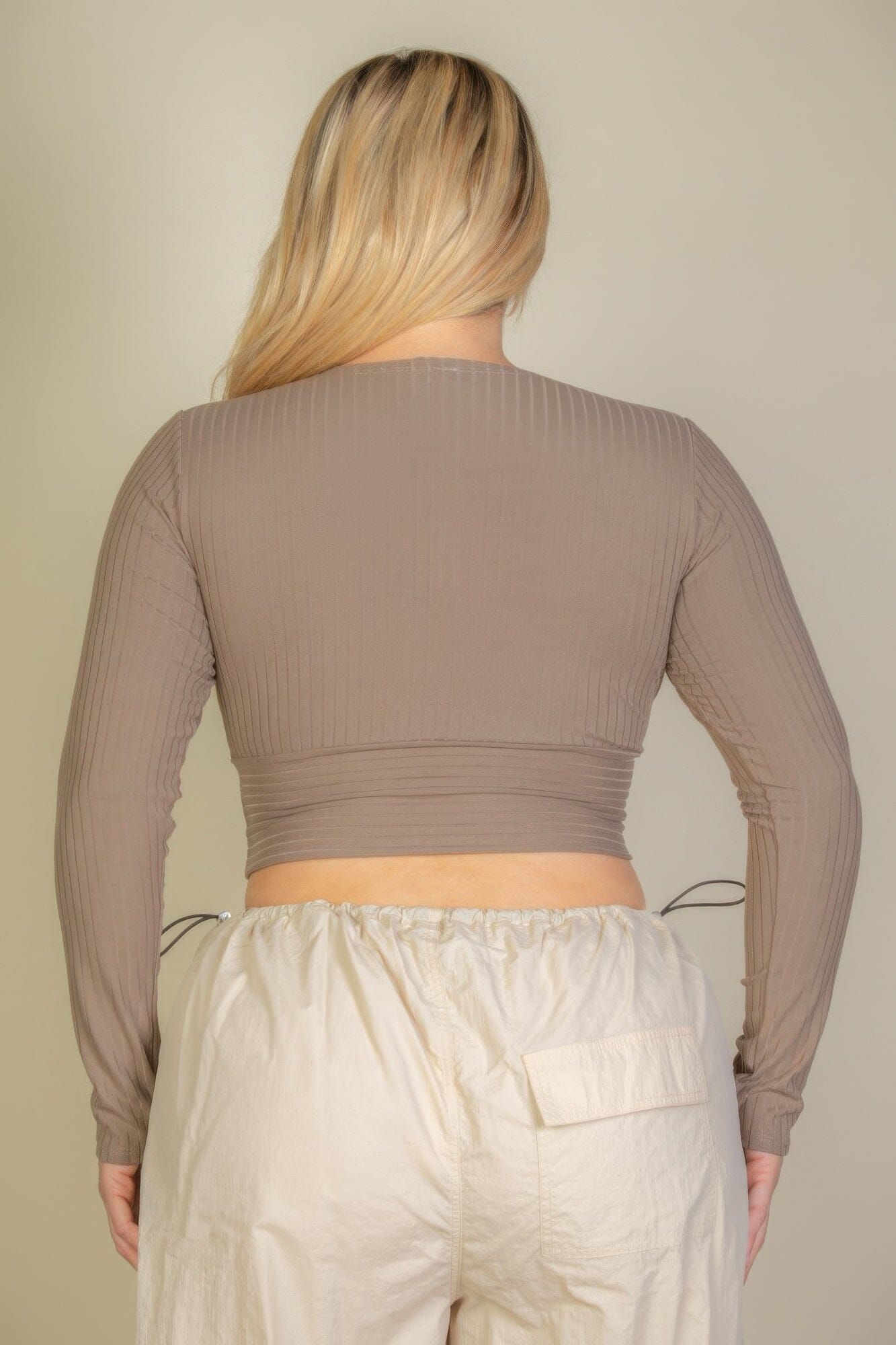 Plus Size Ribbed Wrap Front Long Sleeve Top Shirts & Tops jehouze