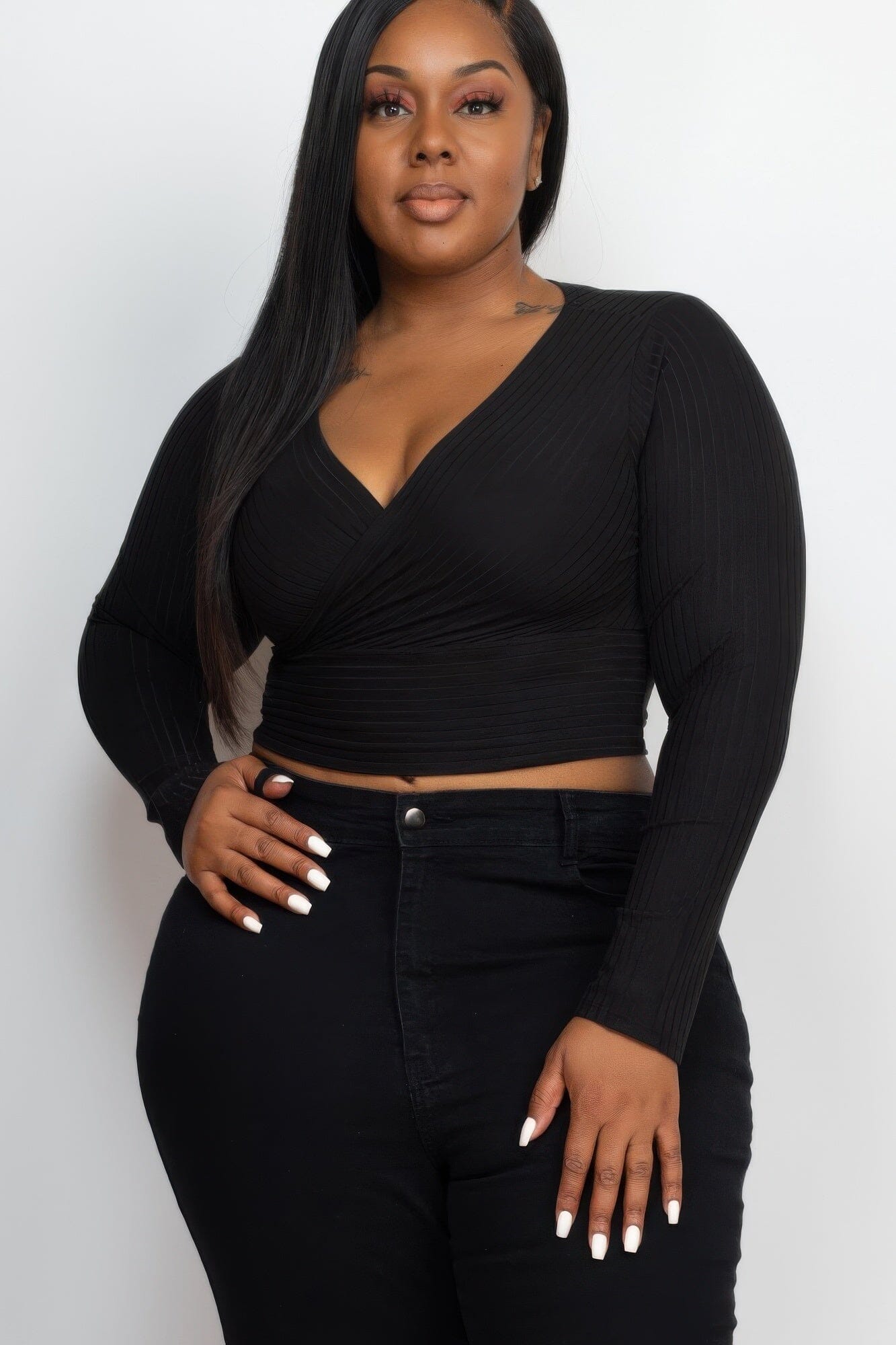 Plus Size Ribbed Wrap Front Long Sleeve Top Shirts & Tops jehouze Black 1XL