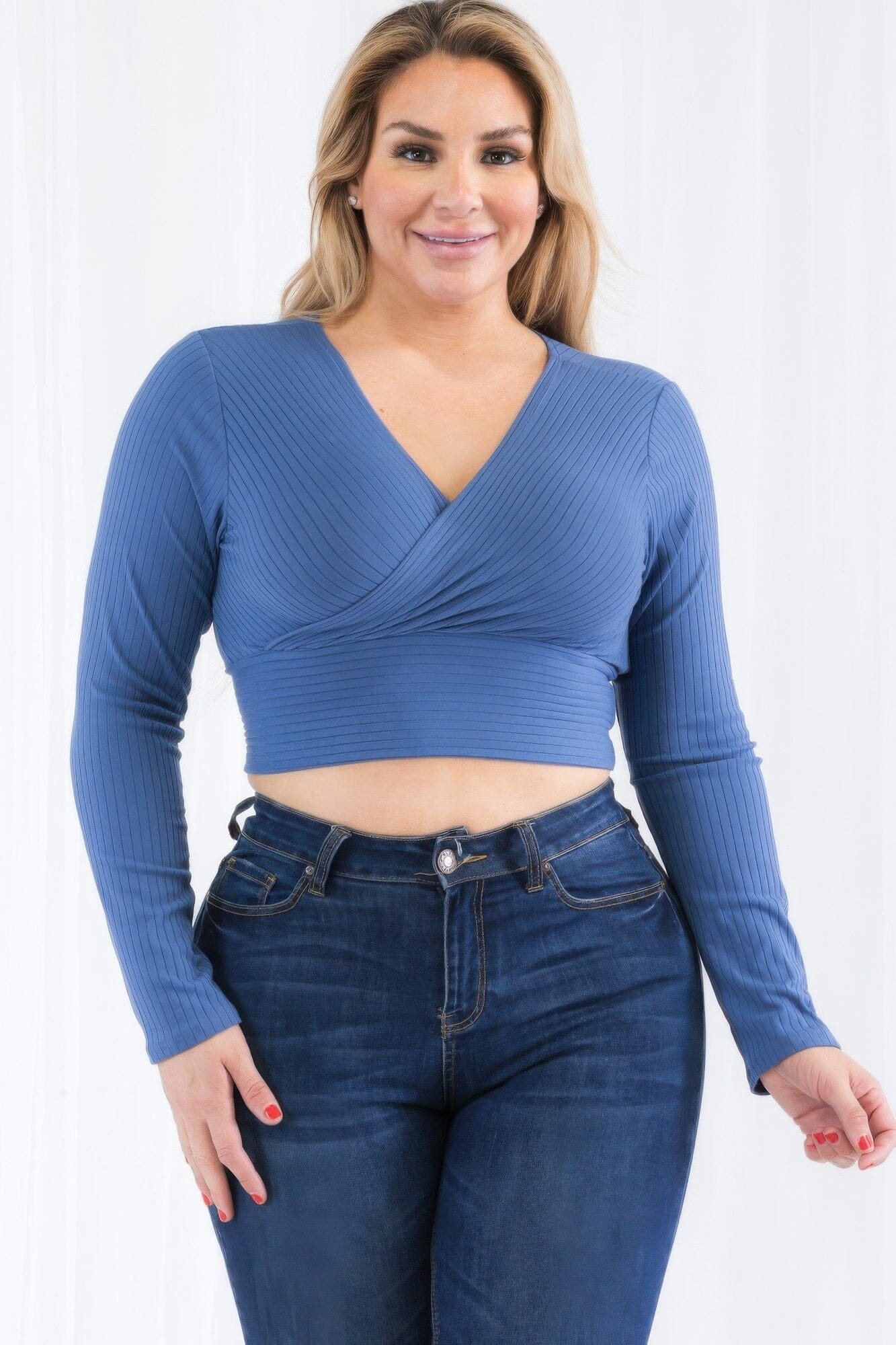 Plus Size Ribbed Wrap Front Long Sleeve Top Shirts & Tops jehouze Blue haze 1XL