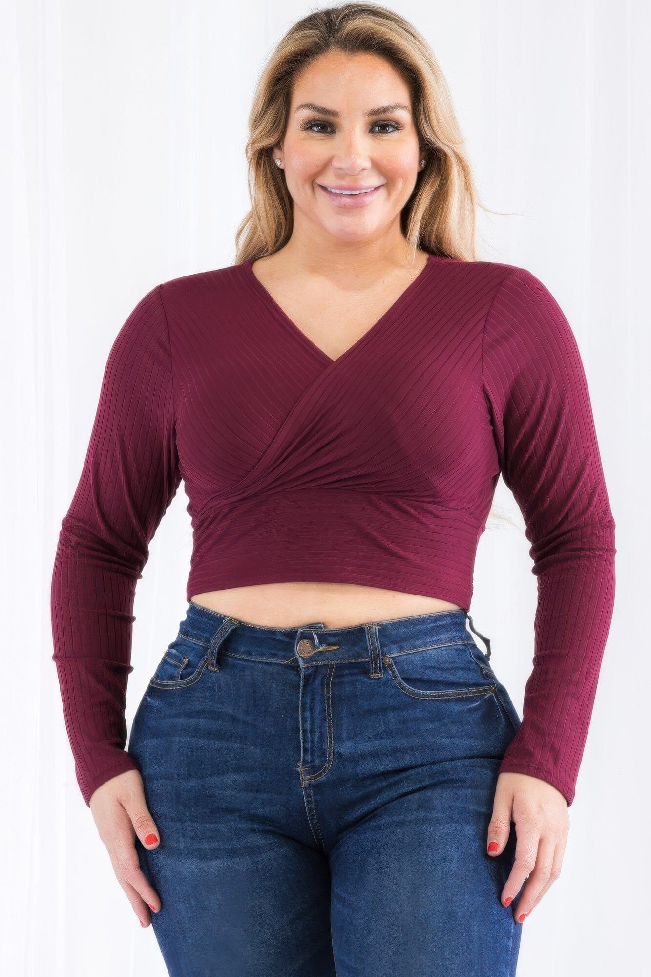 Plus Size Ribbed Wrap Front Long Sleeve Top Shirts & Tops jehouze Burgundy 1XL