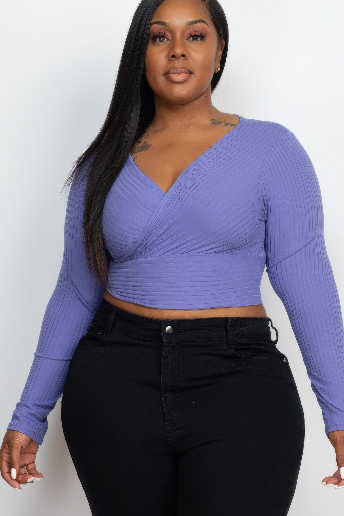 Plus Size Ribbed Wrap Front Long Sleeve Top Shirts & Tops jehouze Chive blossom 1XL