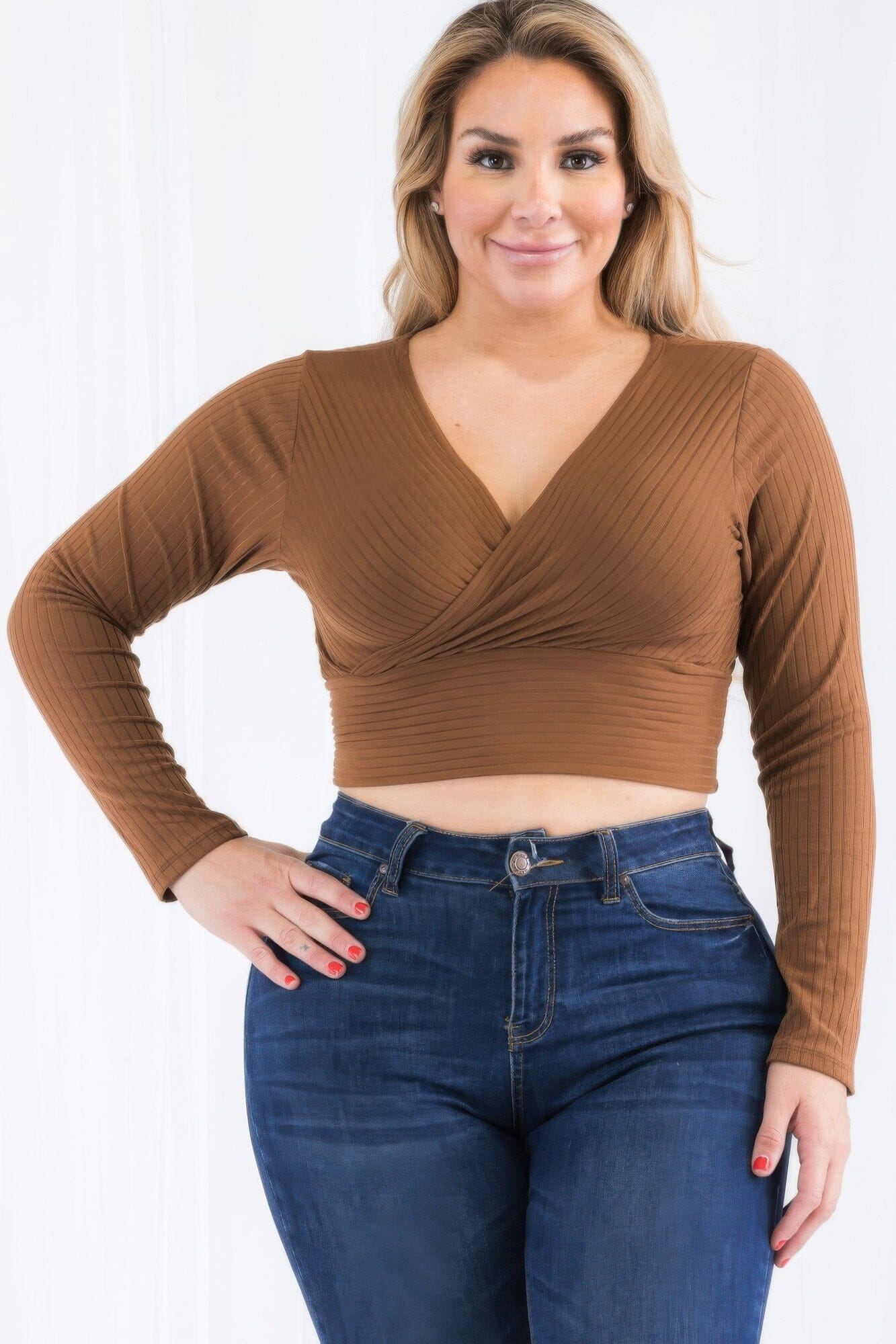 Plus Size Ribbed Wrap Front Long Sleeve Top Shirts & Tops jehouze Downtown brown 1XL