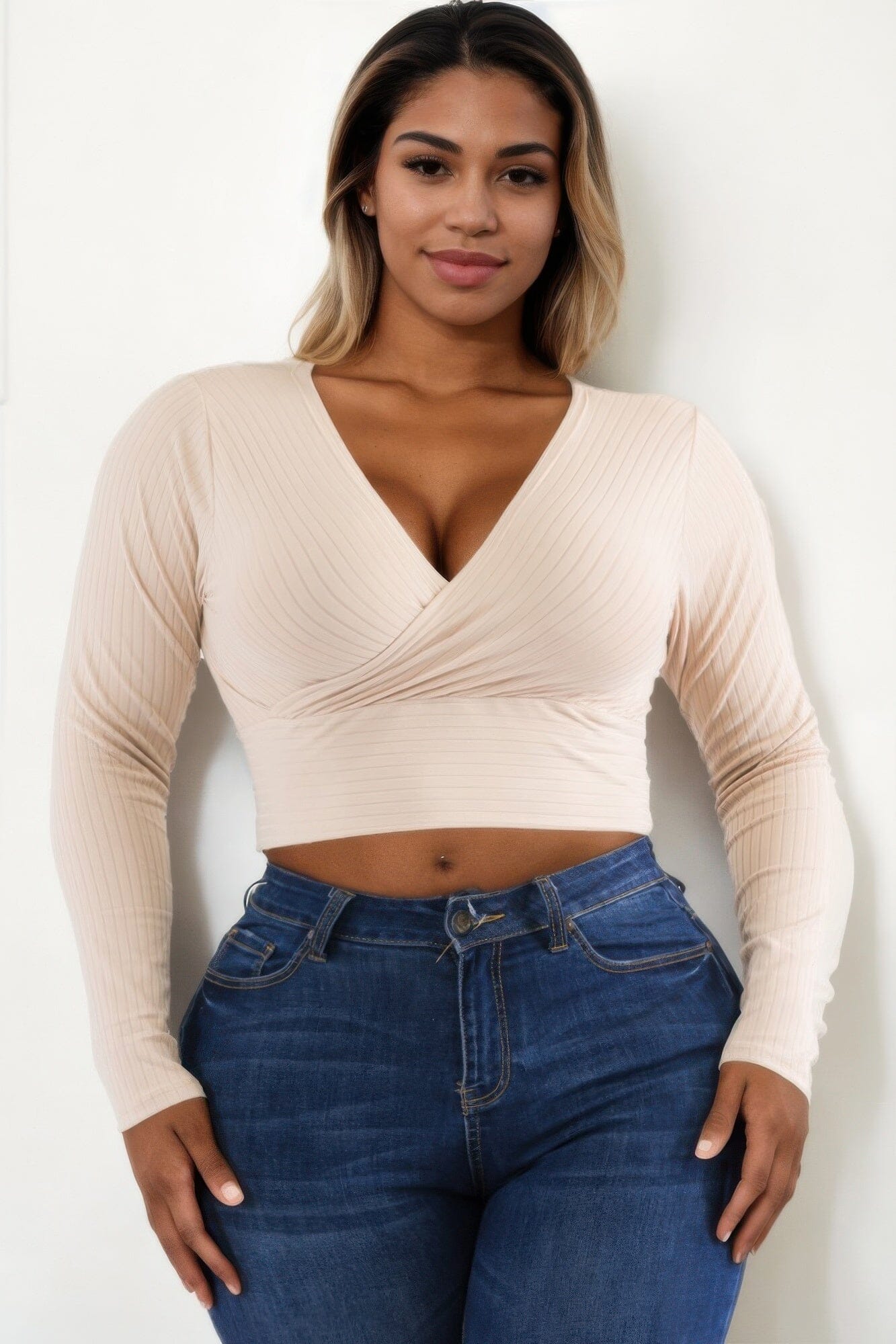 Plus Size Ribbed Wrap Front Long Sleeve Top Shirts & Tops jehouze Khaki 1XL