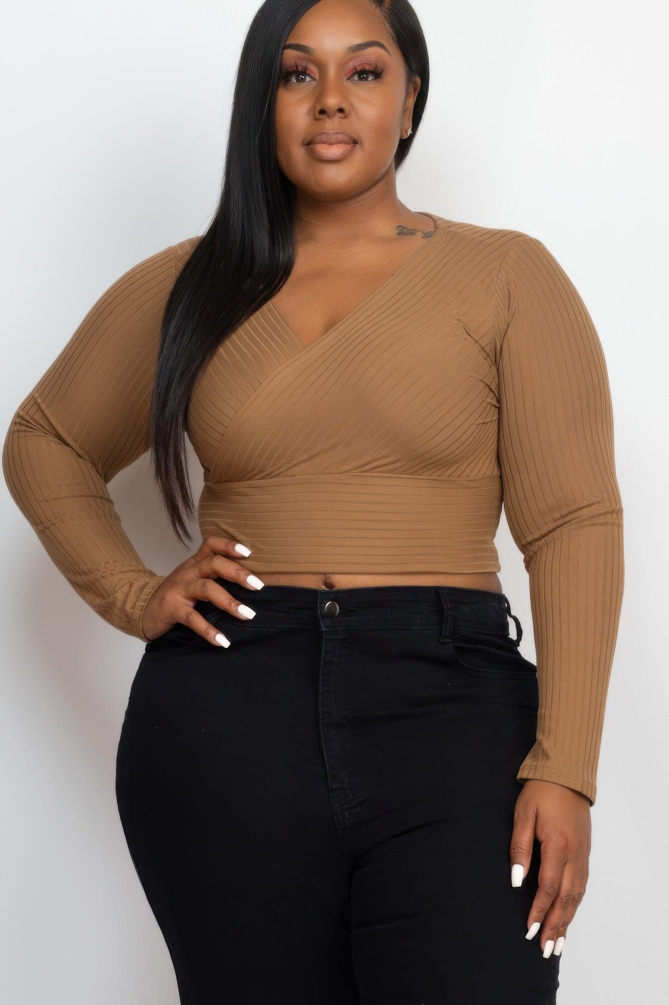 Plus Size Ribbed Wrap Front Long Sleeve Top Shirts & Tops jehouze Mocha 1XL