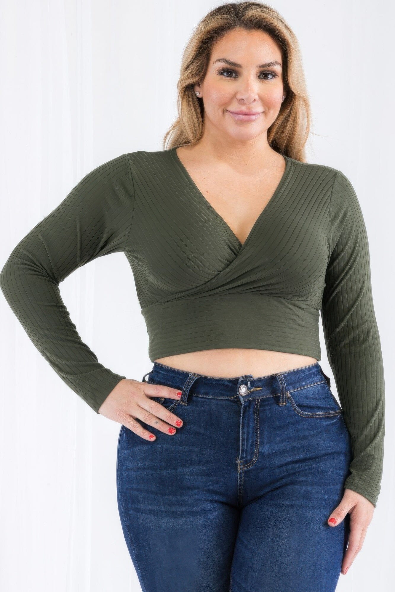 Plus Size Ribbed Wrap Front Long Sleeve Top Shirts & Tops jehouze Olive 1XL
