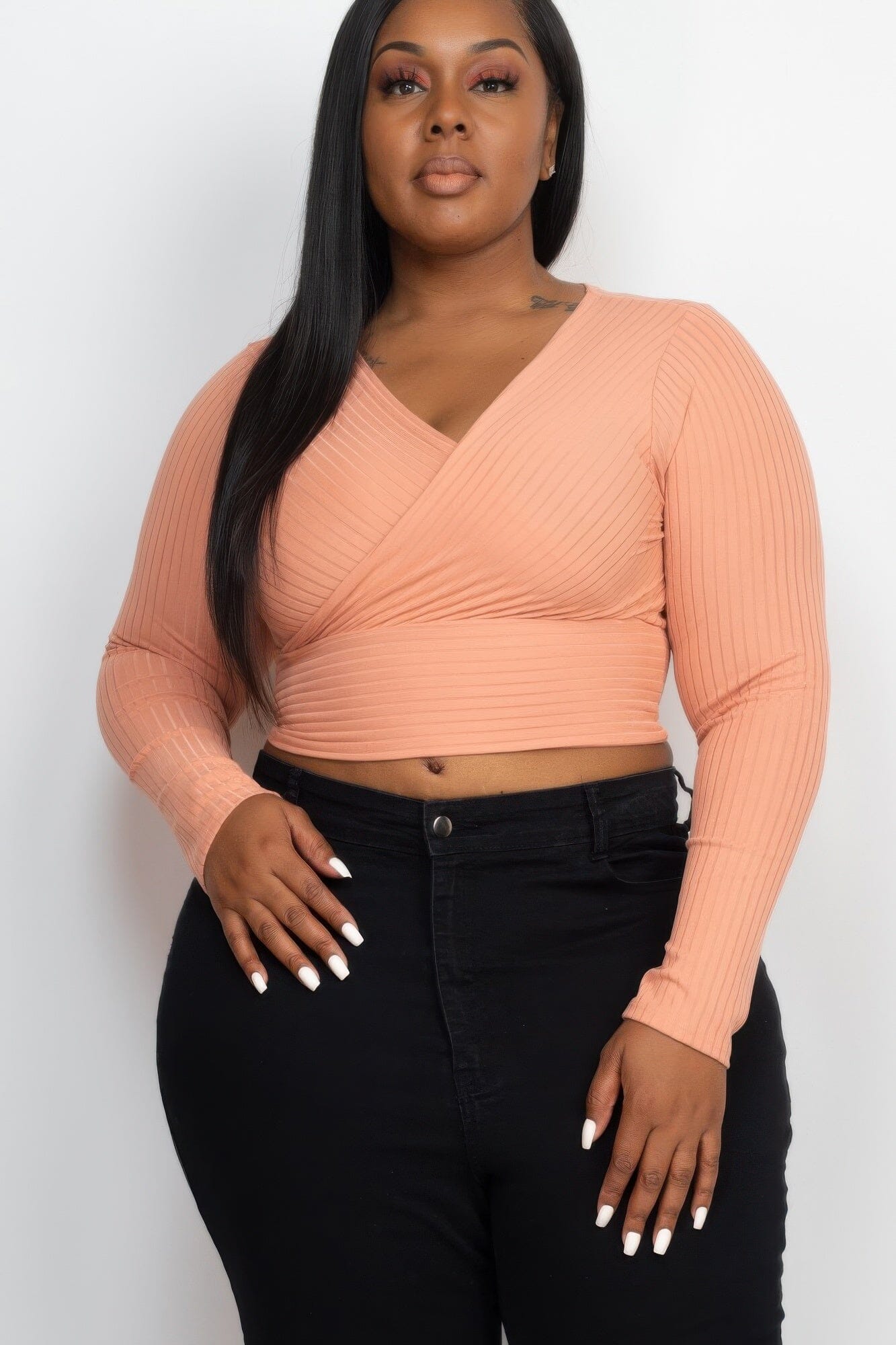 Plus Size Ribbed Wrap Front Long Sleeve Top Shirts & Tops jehouze Sun baked 1XL
