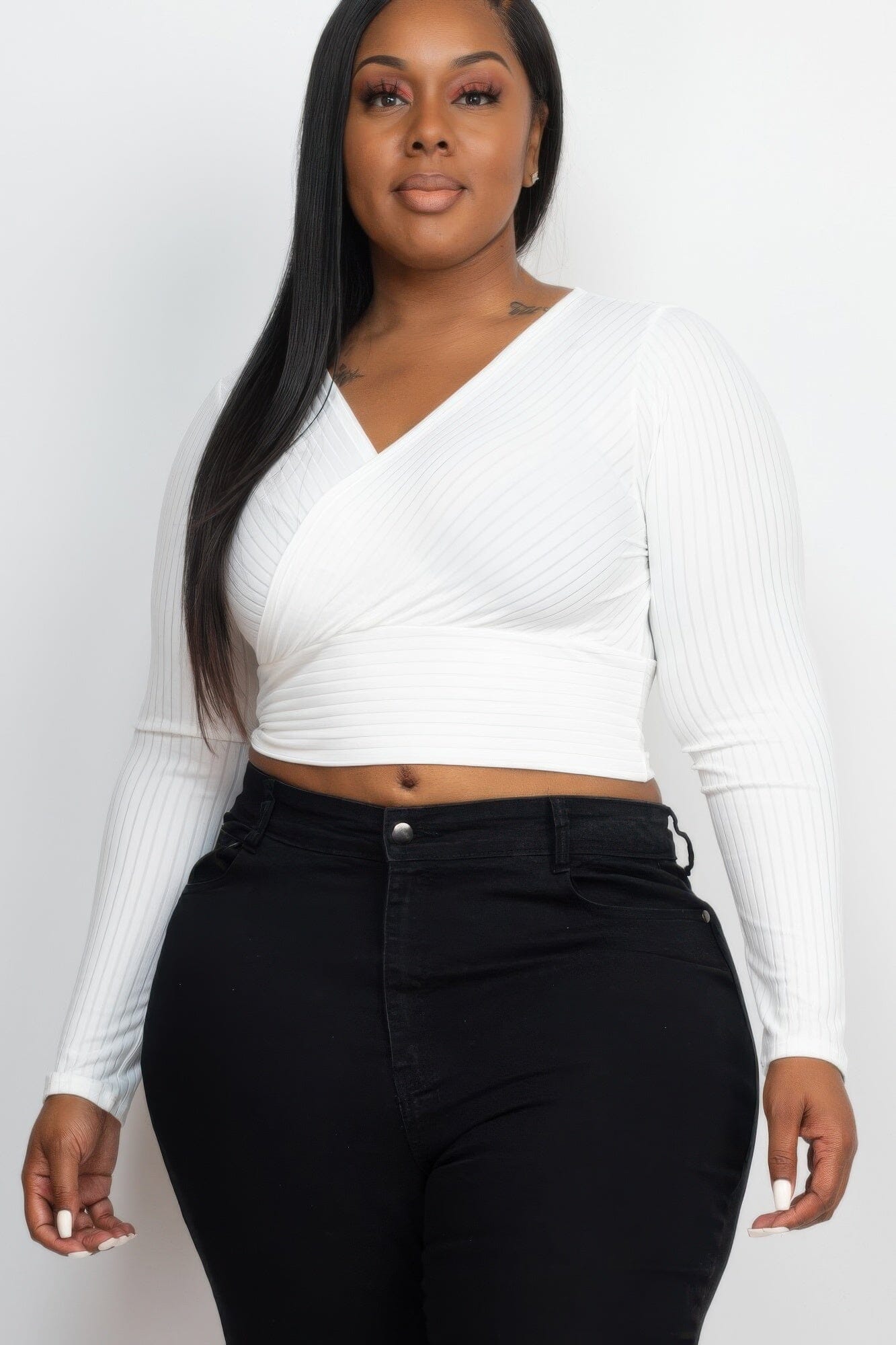 Plus Size Ribbed Wrap Front Long Sleeve Top Shirts & Tops jehouze White 1XL