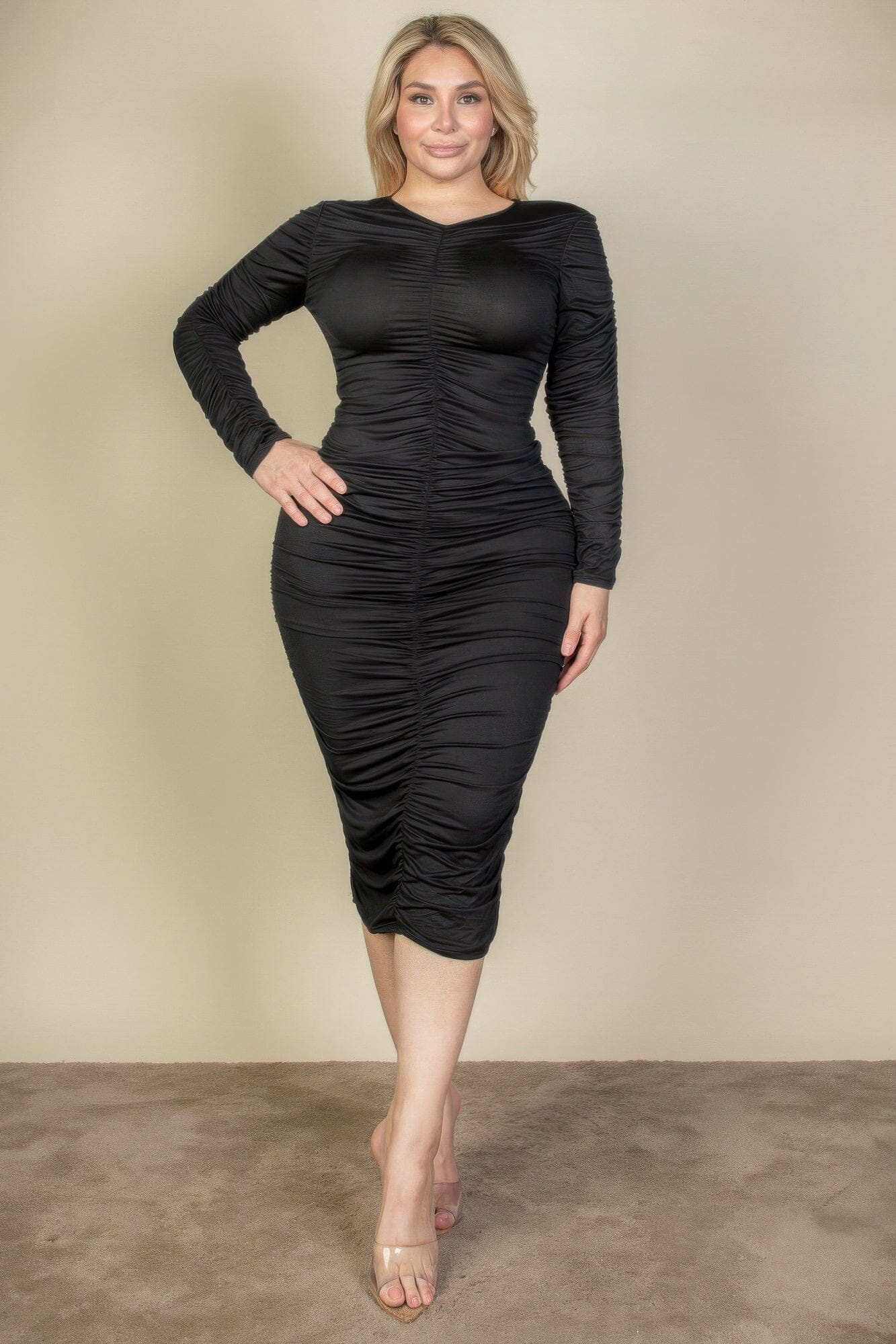 Plus Size Ruched Long Sleeve Midi Dress Dresses jehouze