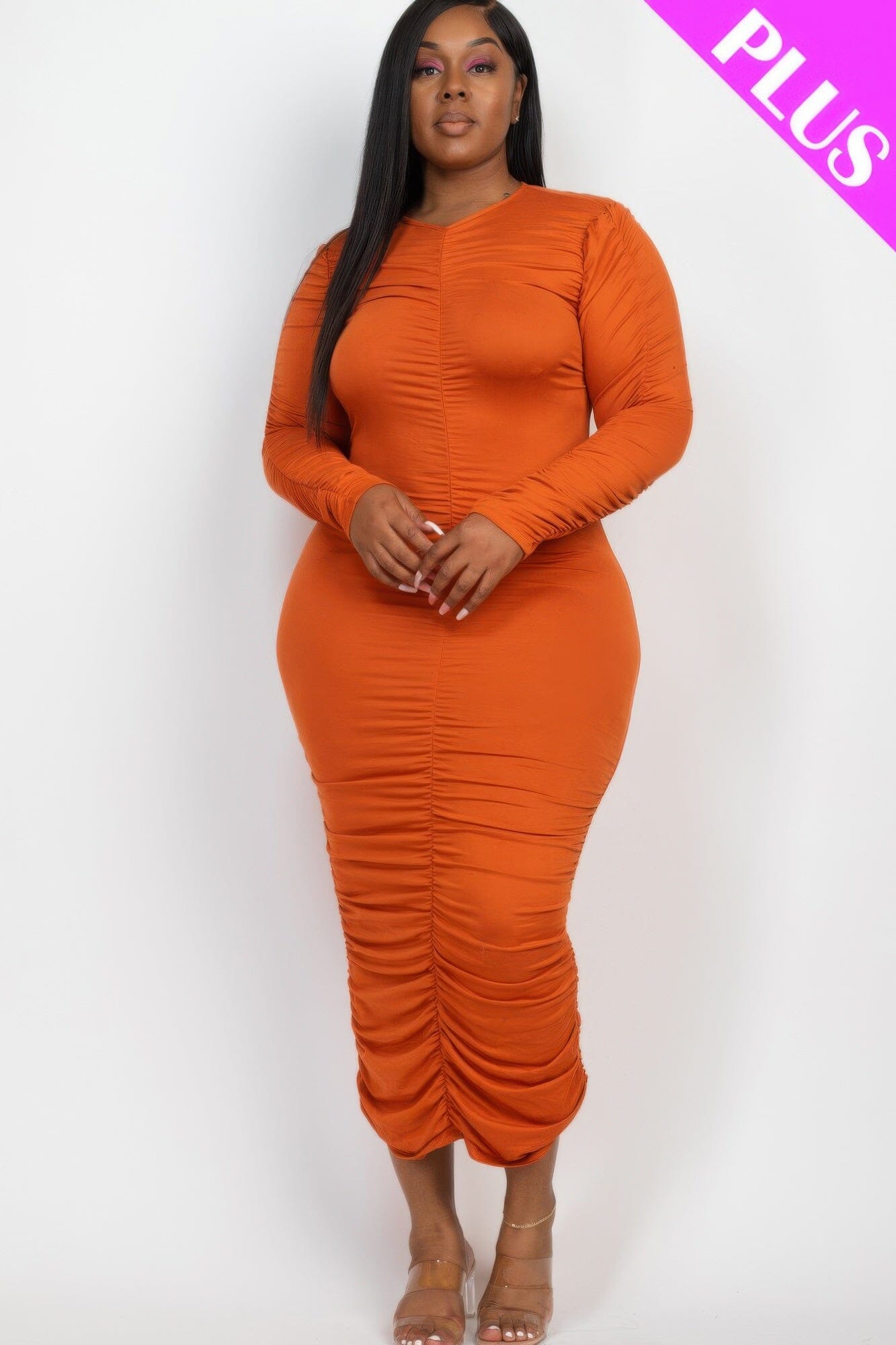 Plus Size Ruched Long Sleeve Midi Dress Dresses jehouze Mango 1XL