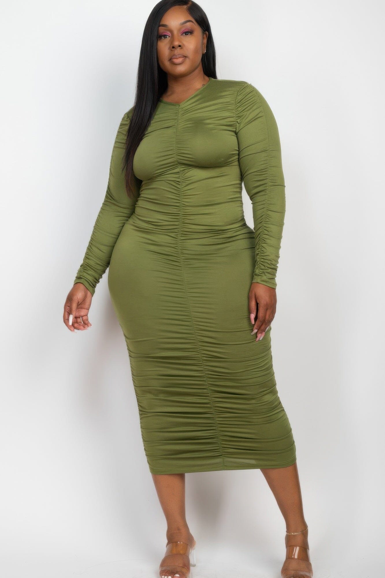 Plus Size Ruched Long Sleeve Midi Dress Dresses jehouze Olive branch 1XL