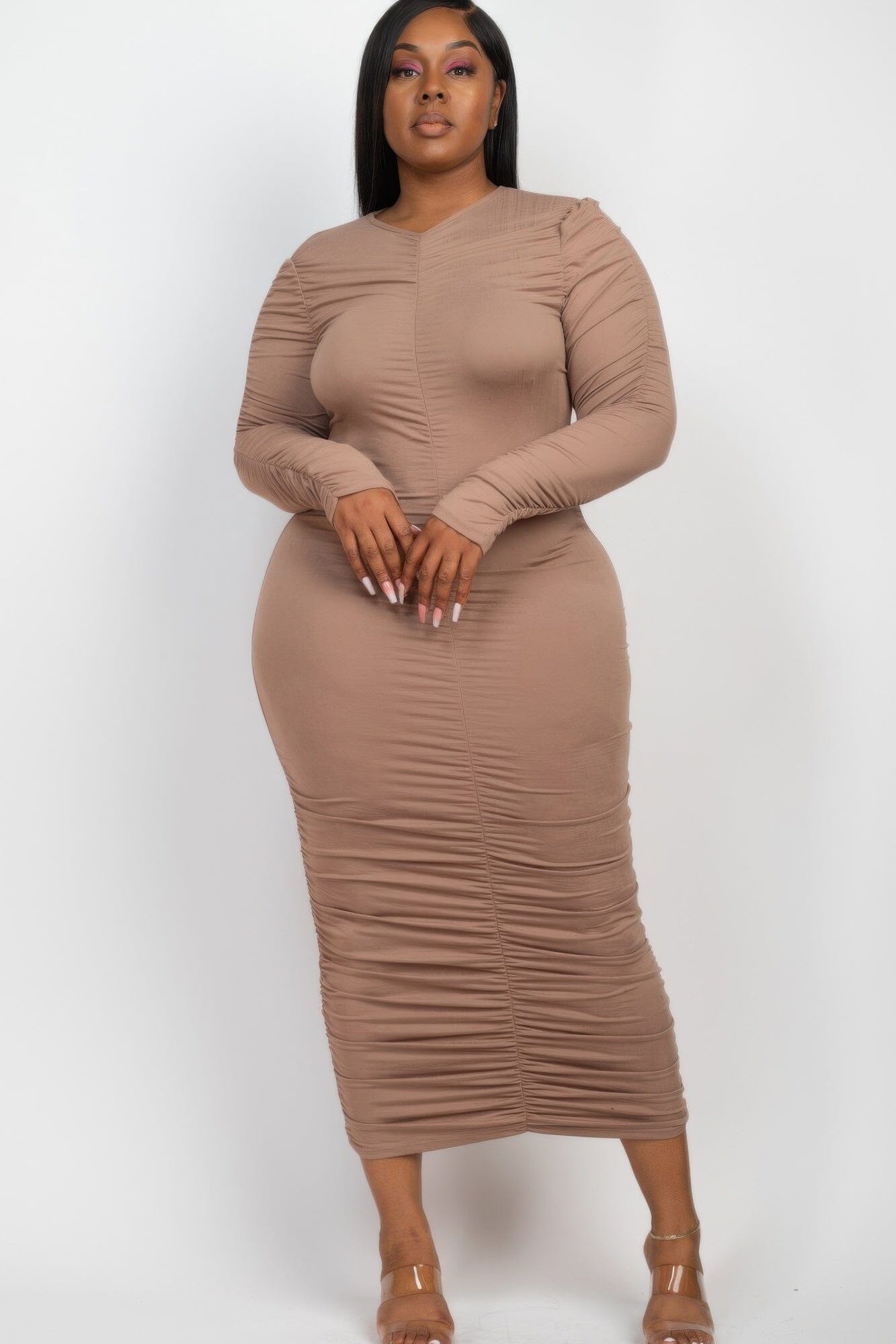 Plus Size Ruched Long Sleeve Midi Dress Dresses jehouze Taupe gray 1XL