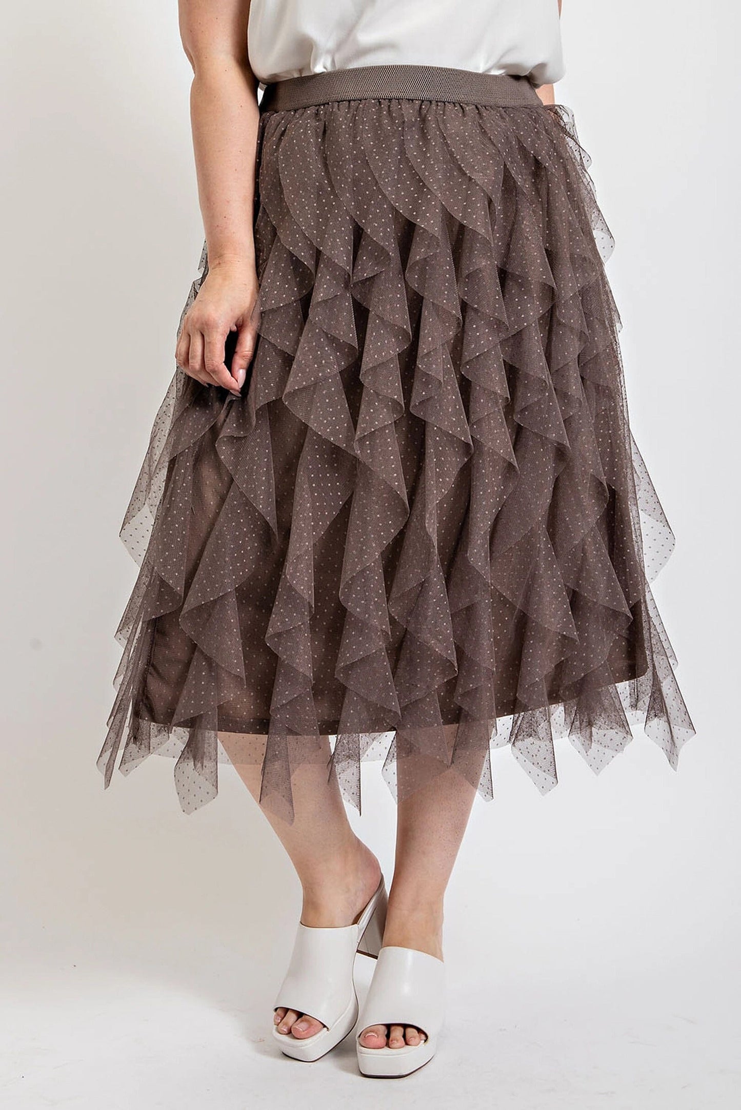 Plus Size Ruffled Tulle Midi Skirt With Elastic Waist Band Skirts jehouze Ash Brown XL