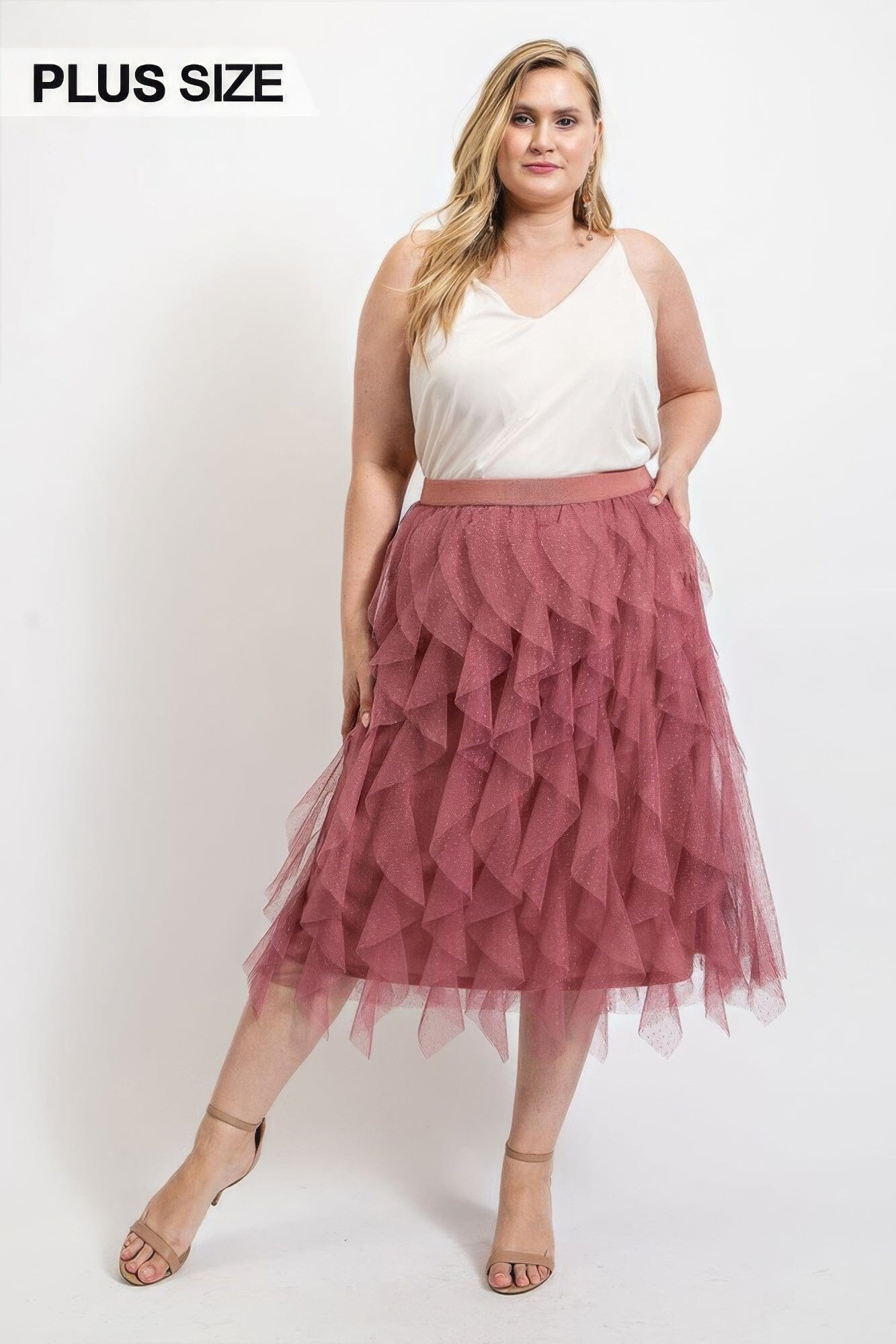 Plus Size Ruffled Tulle Midi Skirt With Elastic Waist Band Skirts jehouze Dusty Rose XL