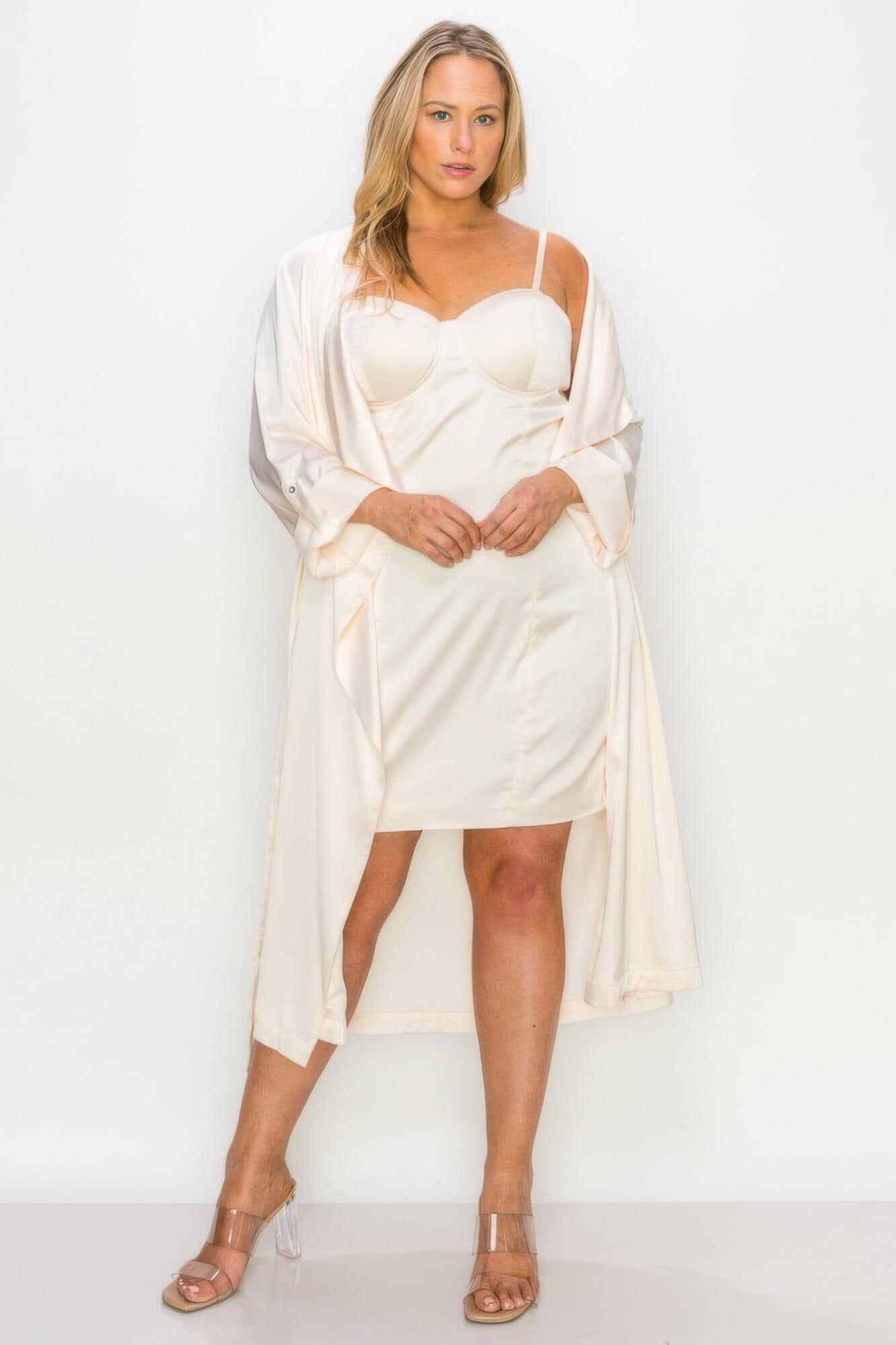 Plus Size Satin Strap Dress With Self Belt Coat Set Dresses jehouze 1XL