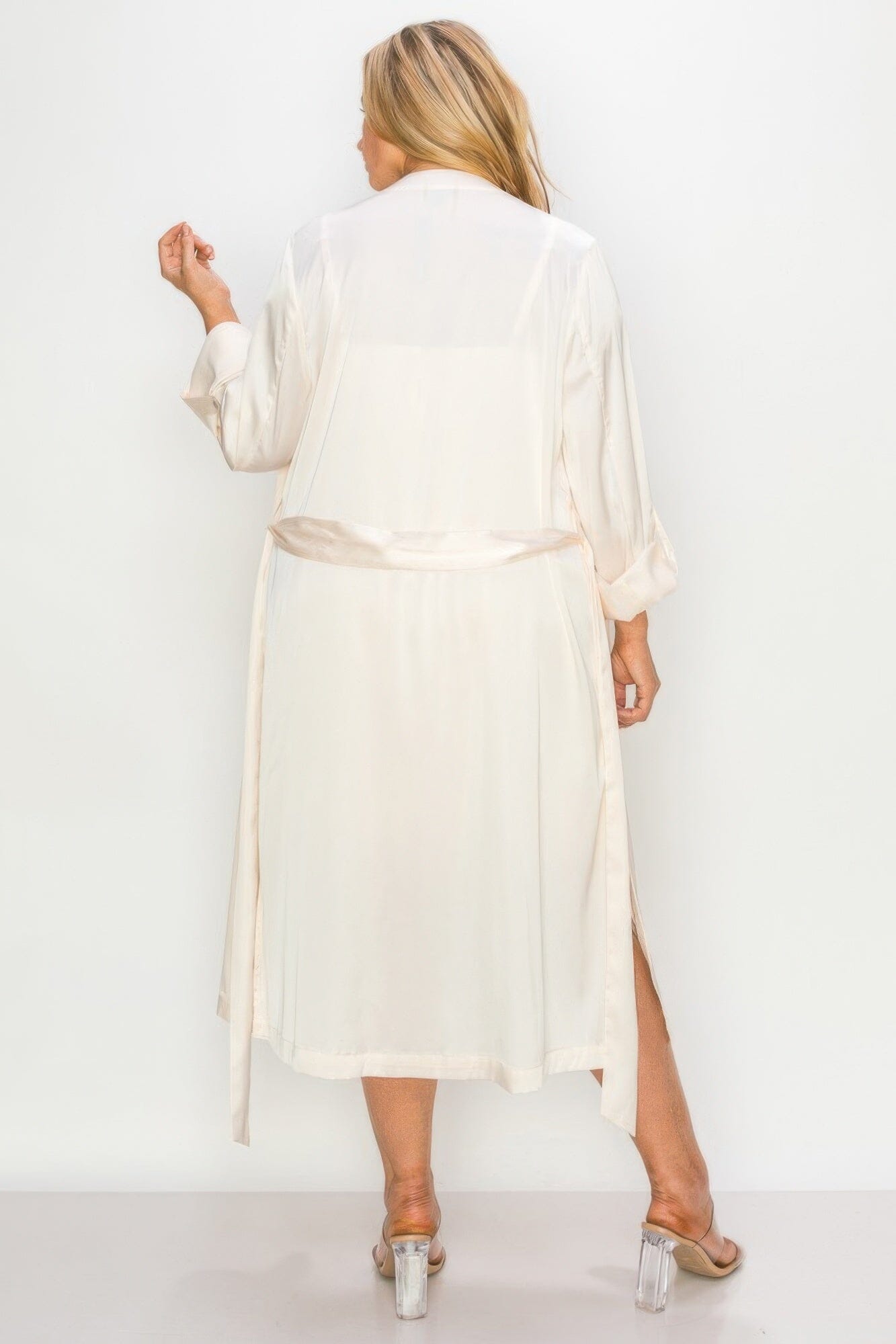 Plus Size Satin Strap Dress With Self Belt Coat Set Dresses jehouze