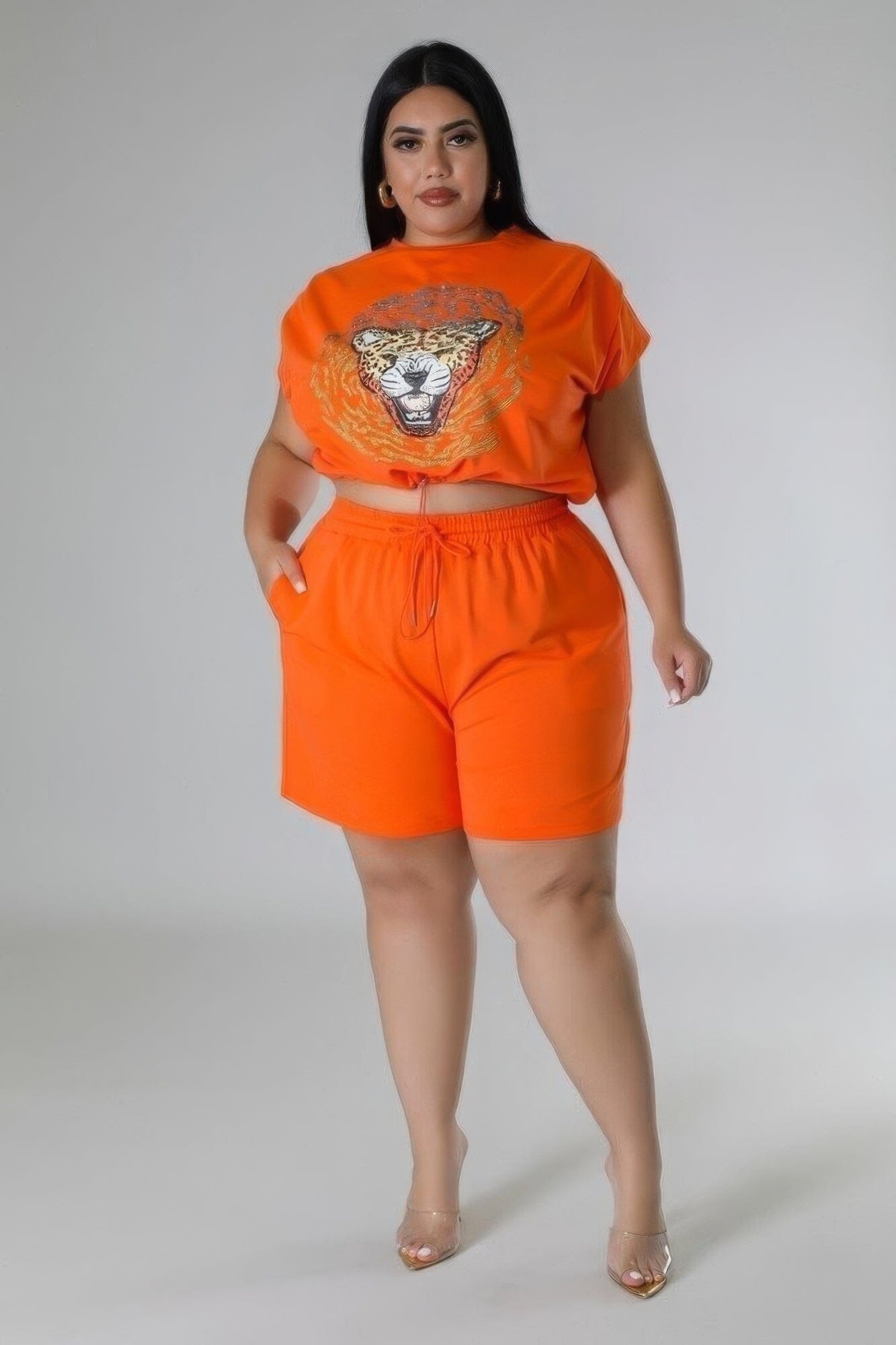 Plus Size Short Sleeve crop top and Stretch Short Set Outfit Sets jehouze