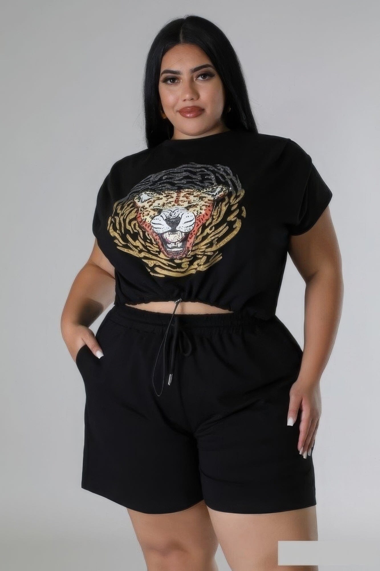 Plus Size Short Sleeve crop top and Stretch Short Set Outfit Sets jehouze Black 1XL