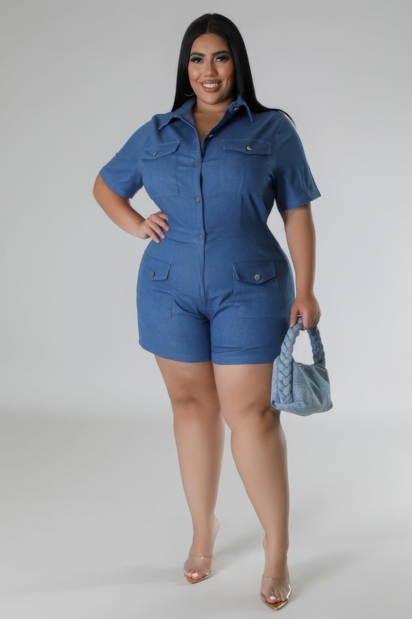 Plus Size Short Sleeve Semi-stretch Romper Jumpsuits & Rompers jehouze