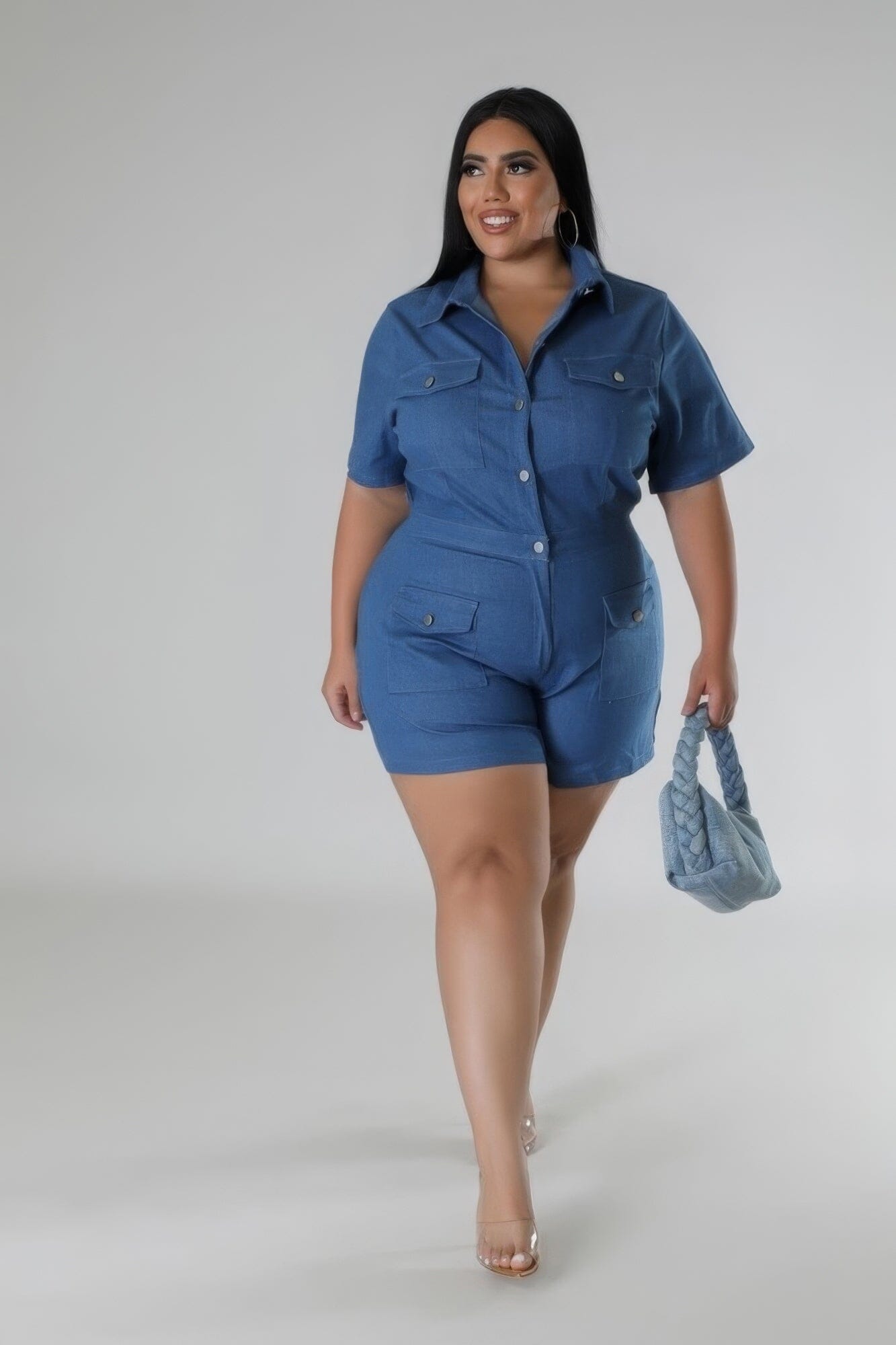 Plus Size Short Sleeve Semi-stretch Romper Jumpsuits & Rompers jehouze