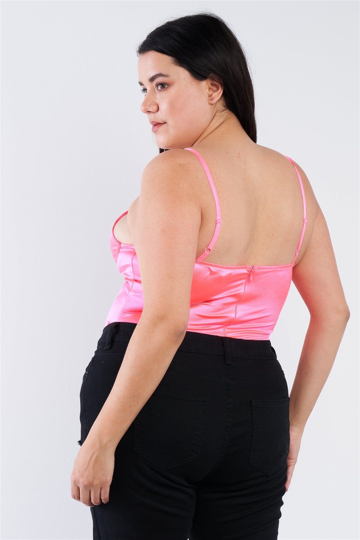 Plus Size Silk Chain Spaghetti Strap High Thong Center Cut Out Bodysuit Shirts & Tops jehouze
