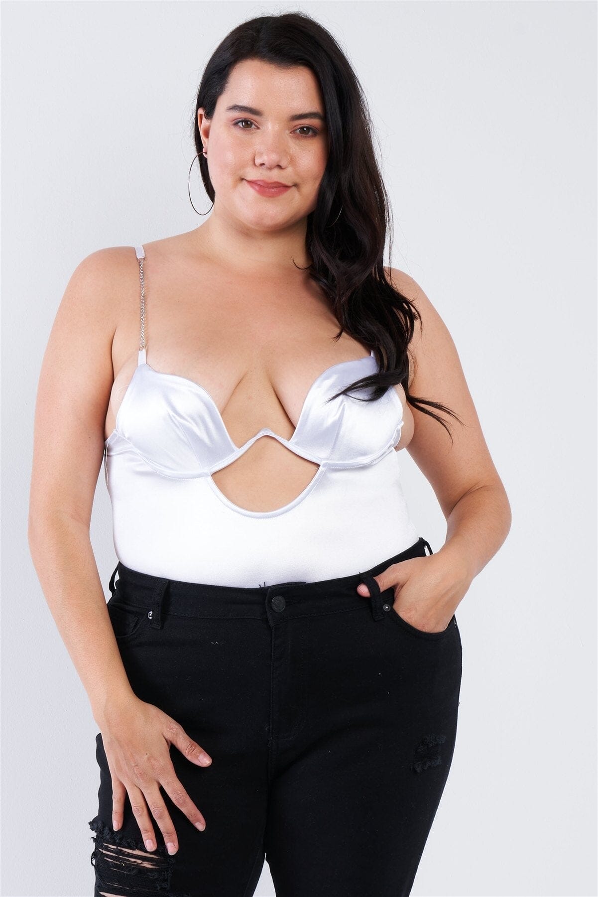 Plus Size Silk Chain Spaghetti Strap High Thong Center Cut Out Bodysuit Shirts & Tops jehouze