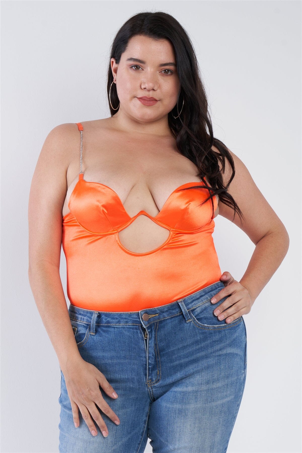 Plus Size Silk Chain Spaghetti Strap High Thong Center Cut Out Bodysuit Shirts & Tops jehouze
