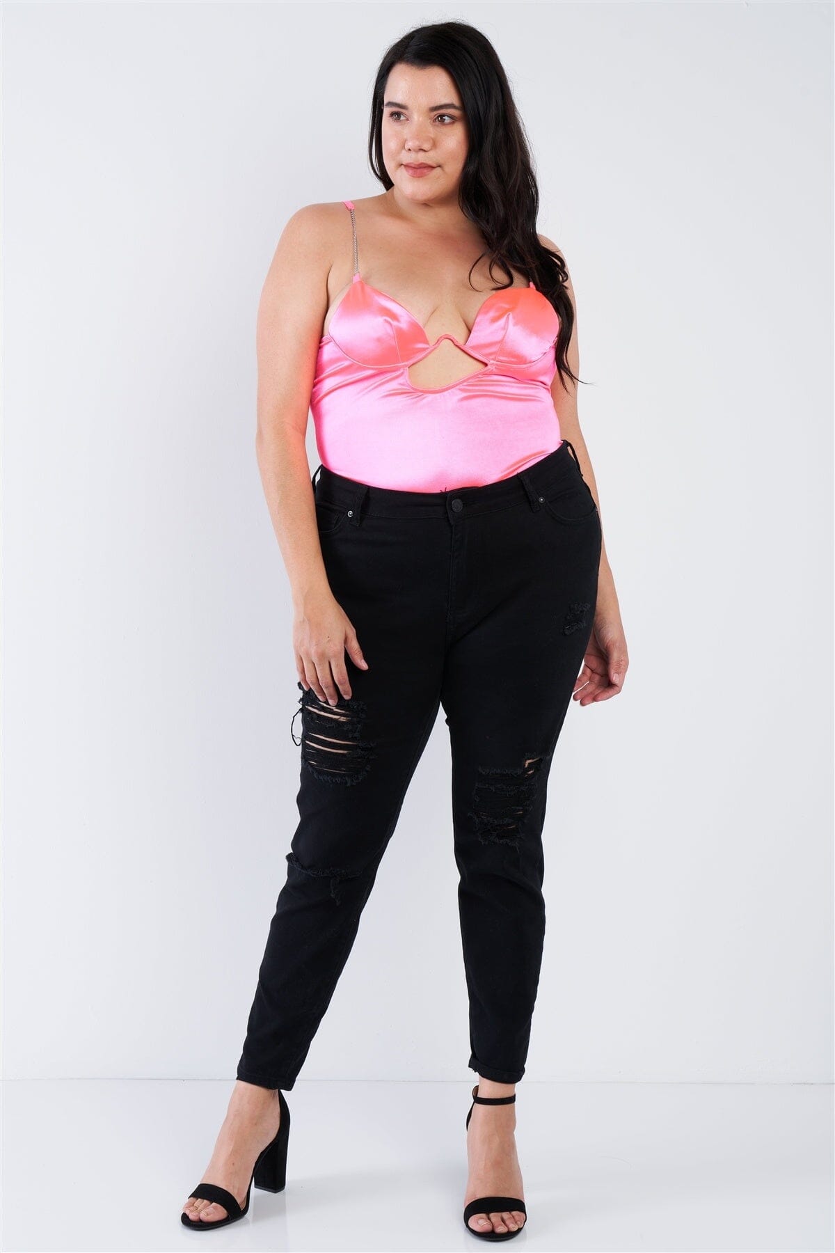 Plus Size Silk Chain Spaghetti Strap High Thong Center Cut Out Bodysuit Shirts & Tops jehouze Neon Pink 1XL