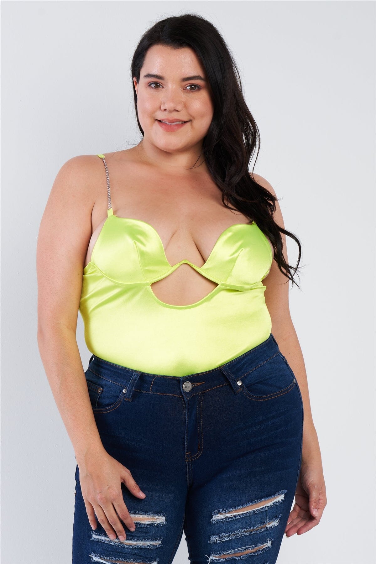 Plus Size Silk Chain Spaghetti Strap High Thong Center Cut Out Bodysuit Shirts & Tops jehouze Neon Yellow 1XL