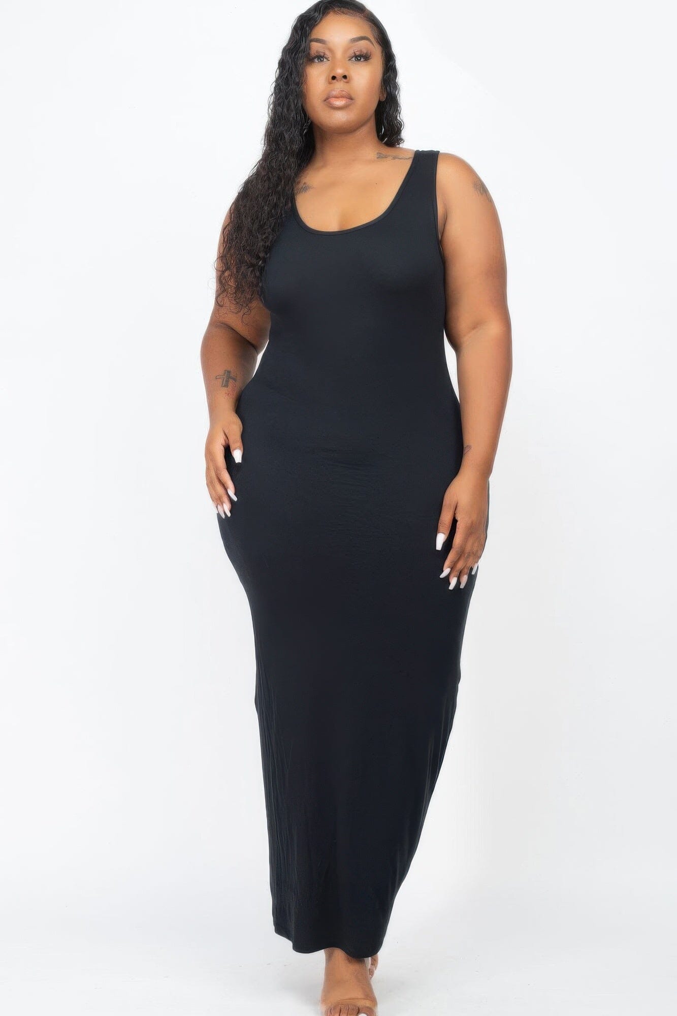 Plus Size Solid Basic Maxi Dress Dresses jehouze Black 1XL
